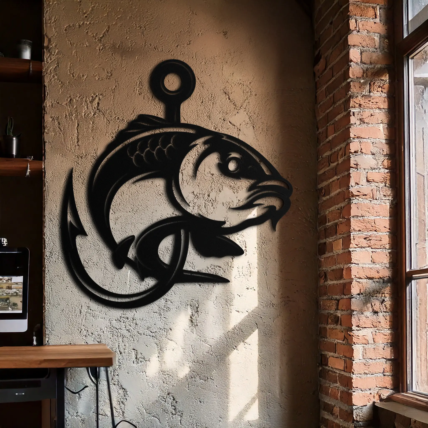 Fishing Hook and Fish Silhouette Metal Wall Art – Black Steel Angler’s Home Decor- KAF495 by Enova Art