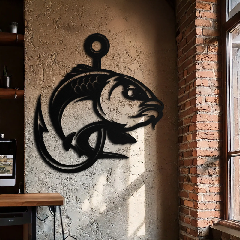 Fishing Hook and Fish Silhouette Metal Wall Art – Black Steel Angler’s Home Decor- KAF495 by Enova Art