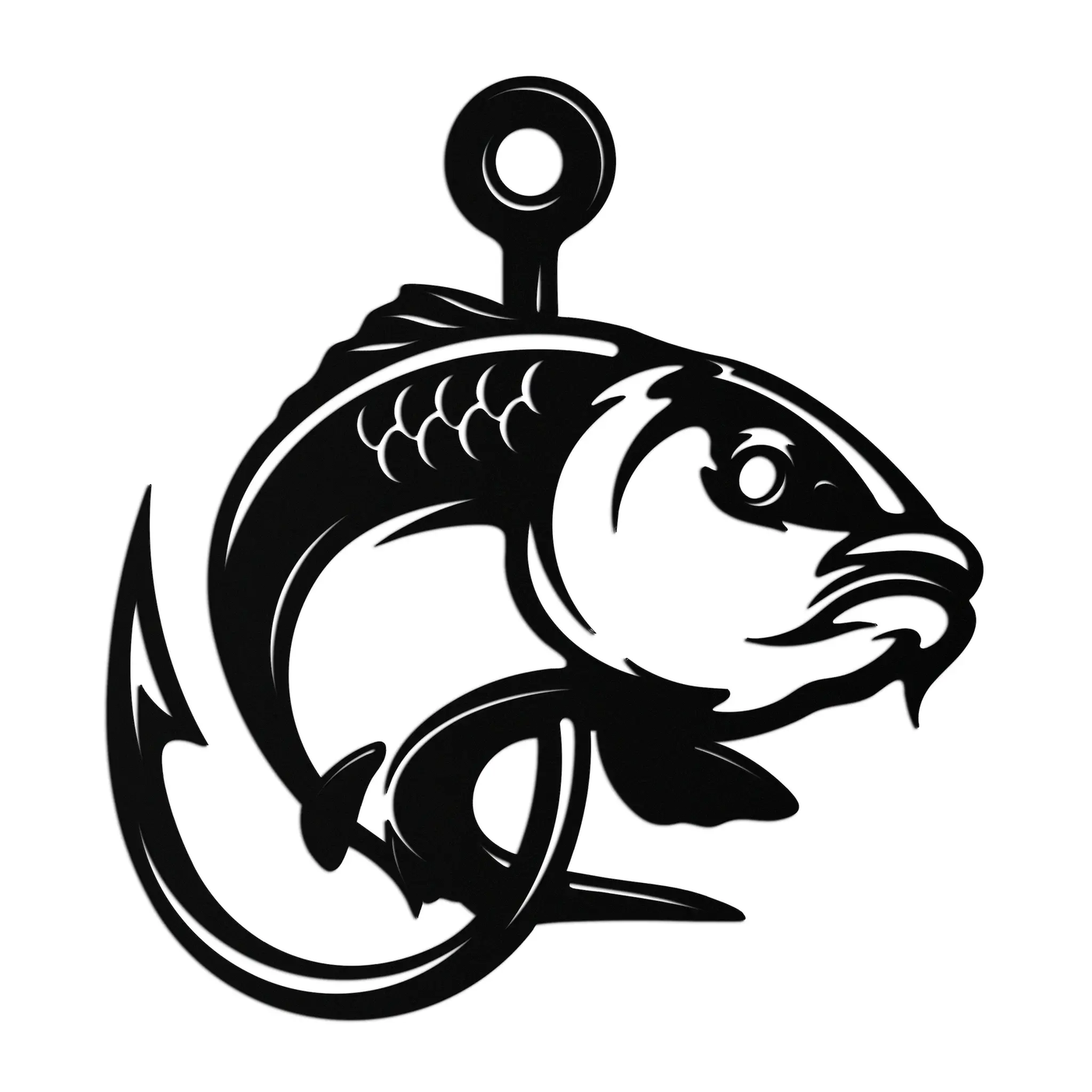 Fishing Hook and Fish Silhouette Metal Wall Art – Black Steel Angler’s Home Decor- KAF495 by Enova Art