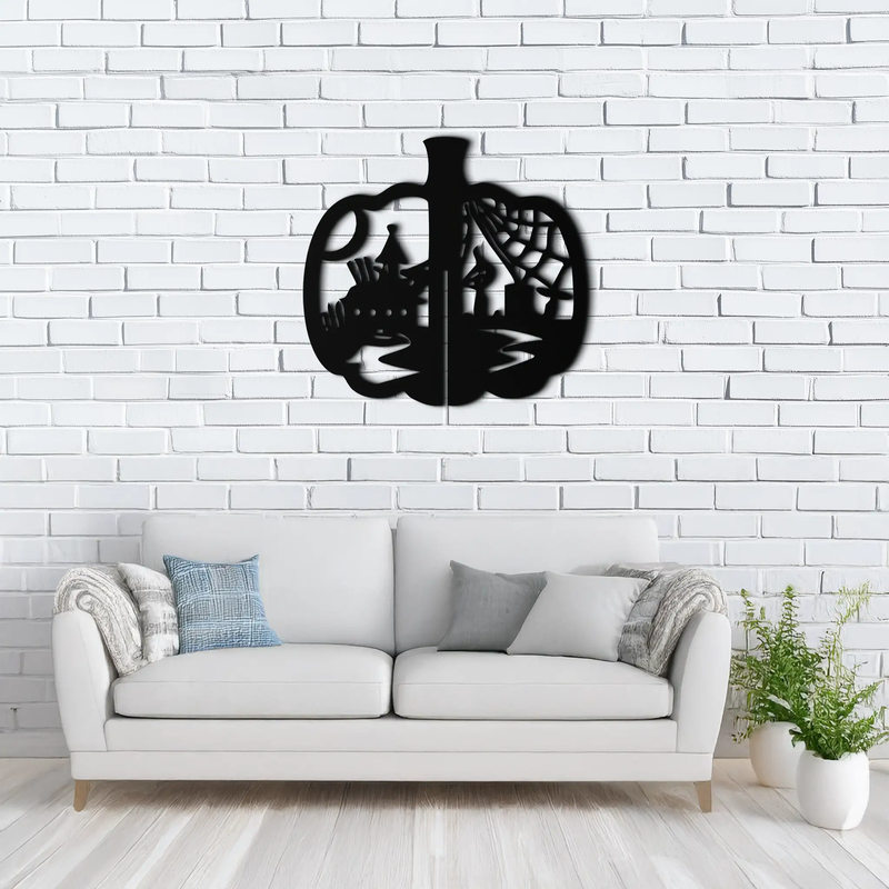 Halloween Pumpkin Metal Wall Art – Spooky Black Steel Halloween Decor- KAF498 by Enova Art