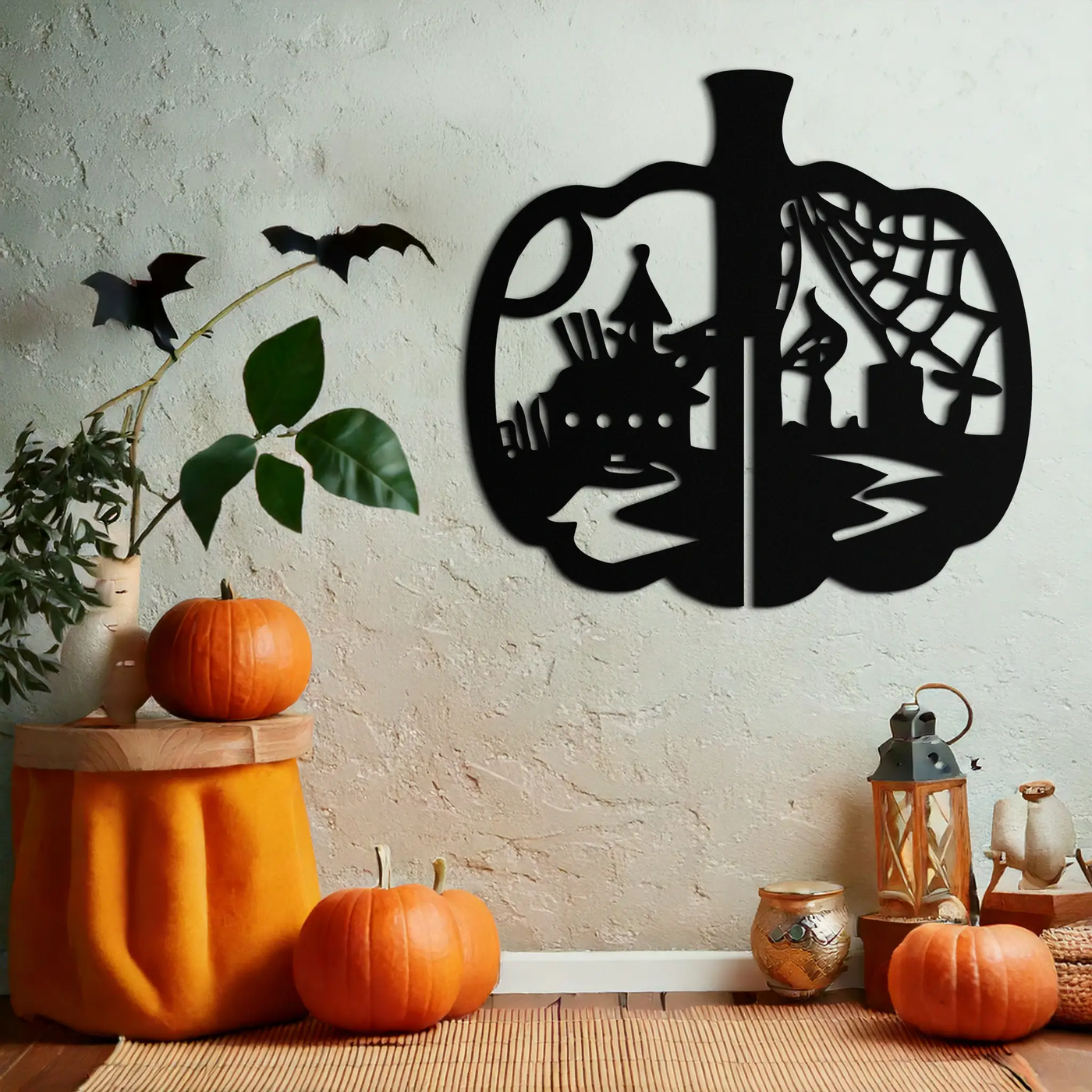 Halloween Pumpkin Metal Wall Art – Spooky Black Steel Halloween Decor- KAF498 by Enova Art