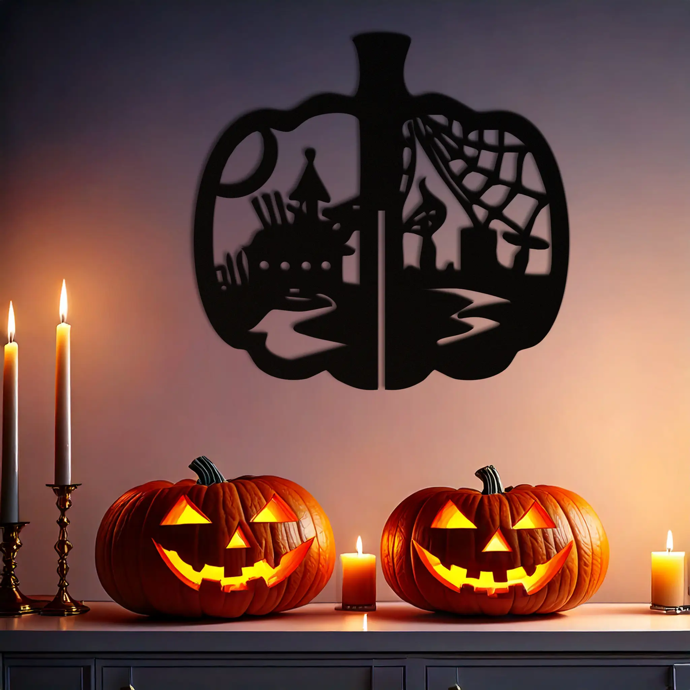 Halloween Pumpkin Metal Wall Art – Spooky Black Steel Halloween Decor- KAF498 by Enova Art