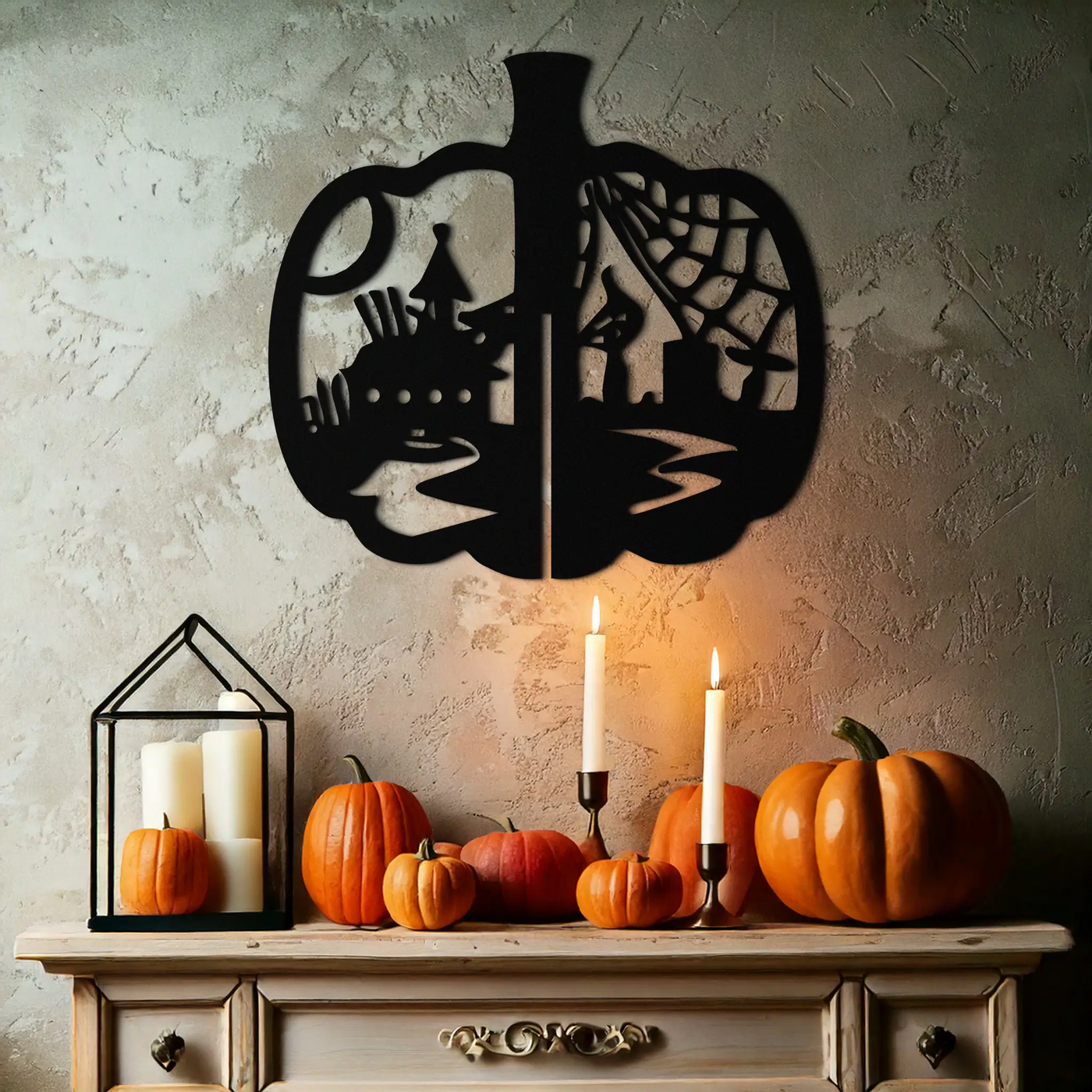 Halloween Pumpkin Metal Wall Art – Spooky Black Steel Halloween Decor- KAF498 by Enova Art