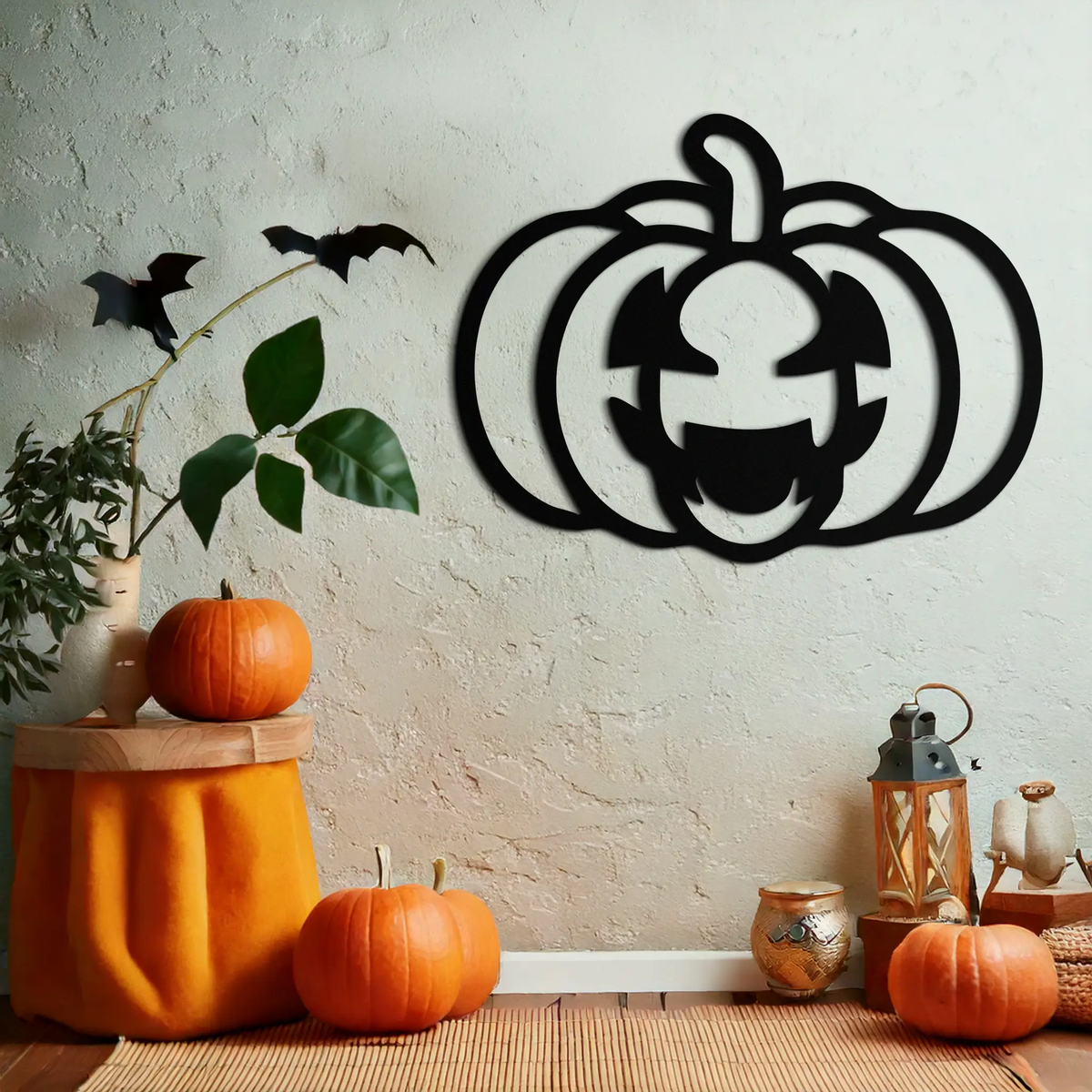 Pumpkin Halloween Metal Wall Art – Spooky Jack O'Lantern Black Decor- KAF500 by Enova Art