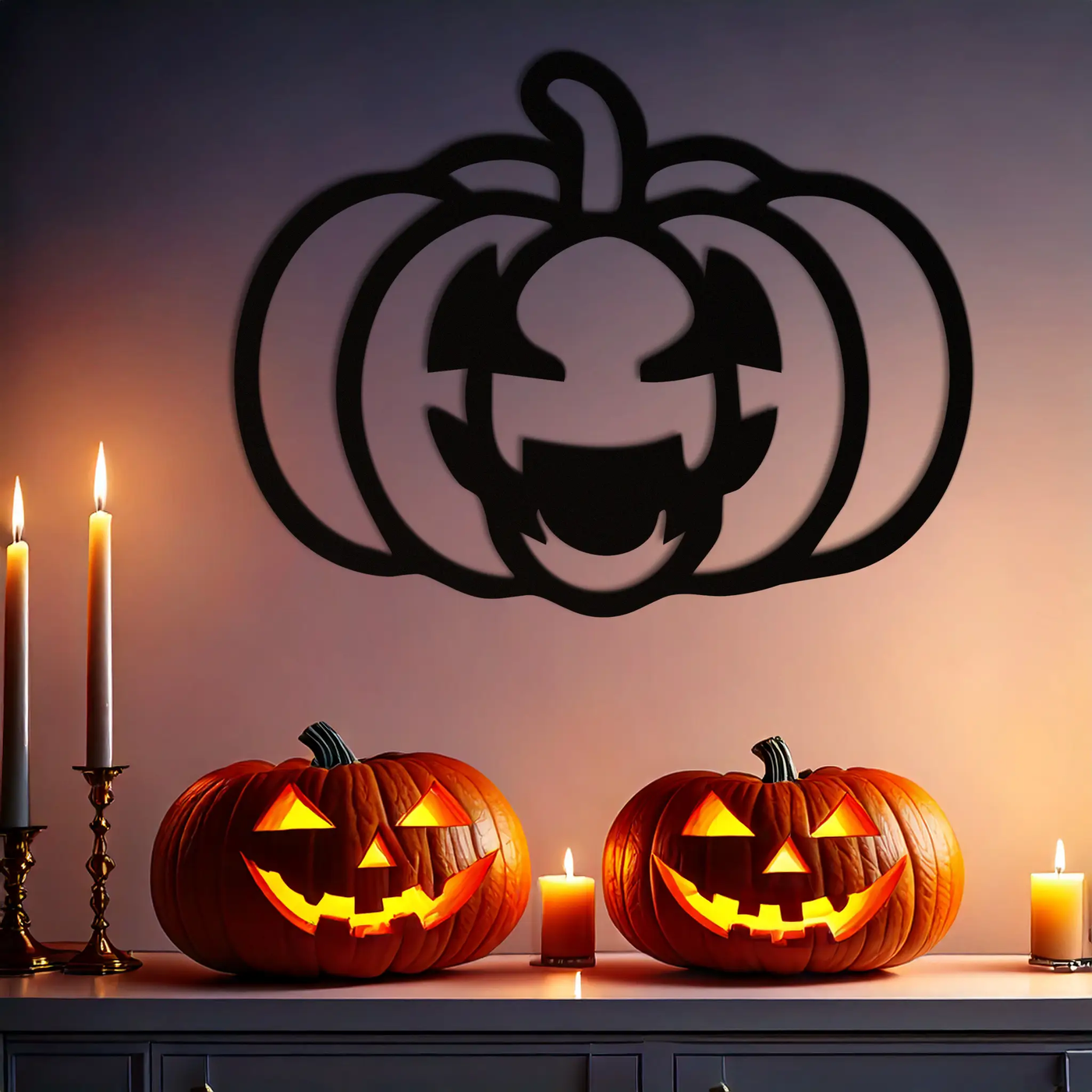 Pumpkin Halloween Metal Wall Art – Spooky Jack O'Lantern Black Decor- KAF500 by Enova Art