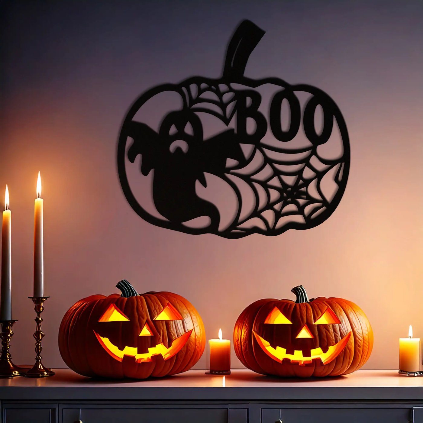 Halloween Pumpkin Ghost Metal Wall Art – Spooky Black Steel Holiday Decoration- KAF501 by Enova Art