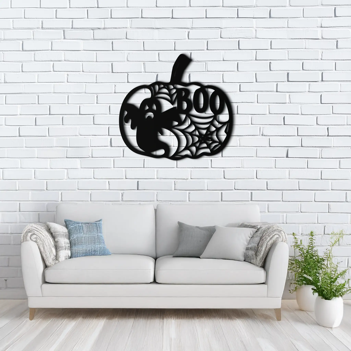 Halloween Pumpkin Ghost Metal Wall Art – Spooky Black Steel Holiday Decoration- KAF501 by Enova Art