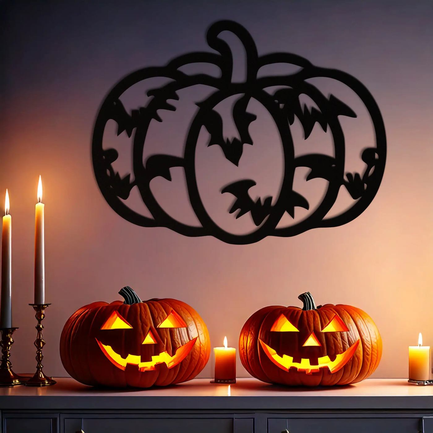 Halloween Pumpkin Faces Metal Wall Art – Spooky Black Steel Decoration- KAF502 by Enova Art