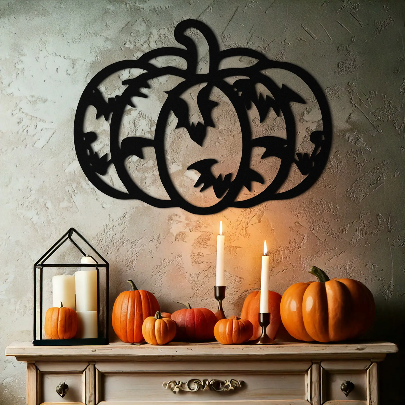 Halloween Pumpkin Faces Metal Wall Art – Spooky Black Steel Decoration- KAF502 by Enova Art