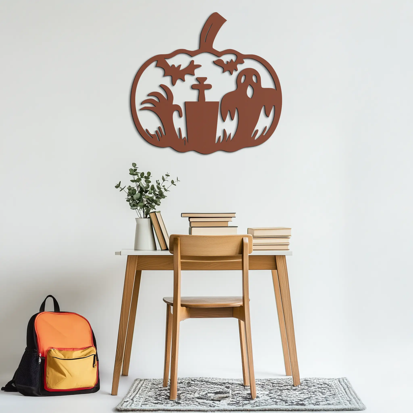Halloween Ghost Pumpkin Metal Wall Art – Black Steel Spooky Holiday Decoration- KAF503 by Enova Art