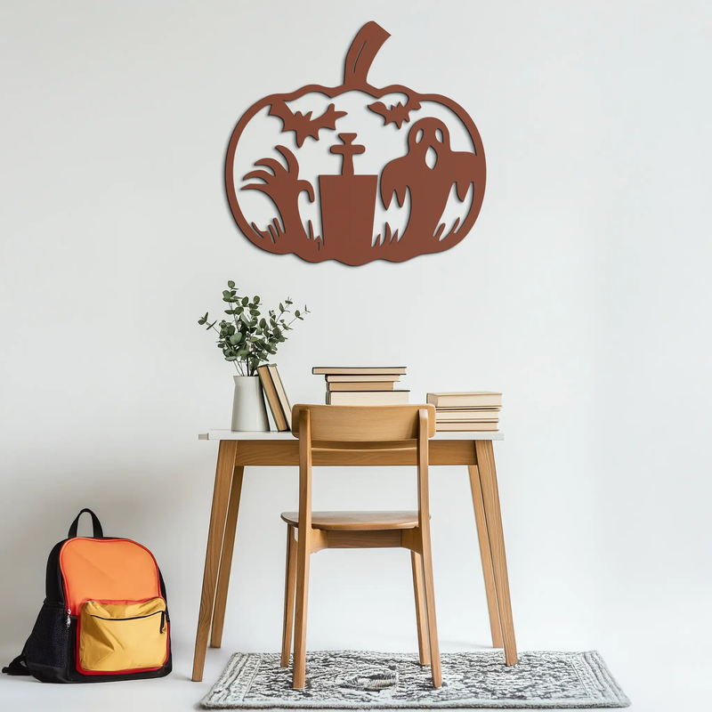Halloween Ghost Pumpkin Metal Wall Art – Black Steel Spooky Holiday Decoration- KAF503 by Enova Art
