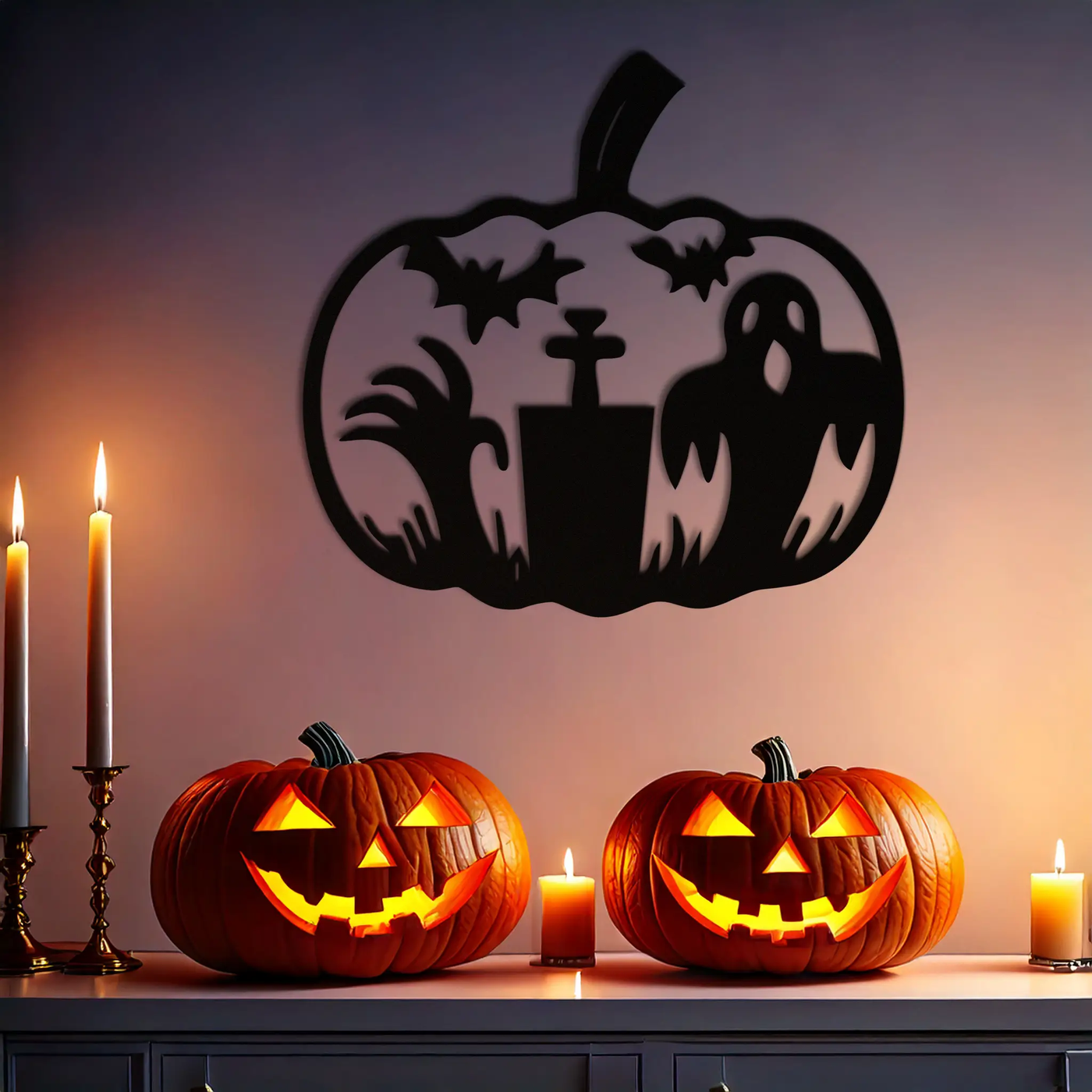 Halloween Ghost Pumpkin Metal Wall Art – Black Steel Spooky Holiday Decoration- KAF503 by Enova Art