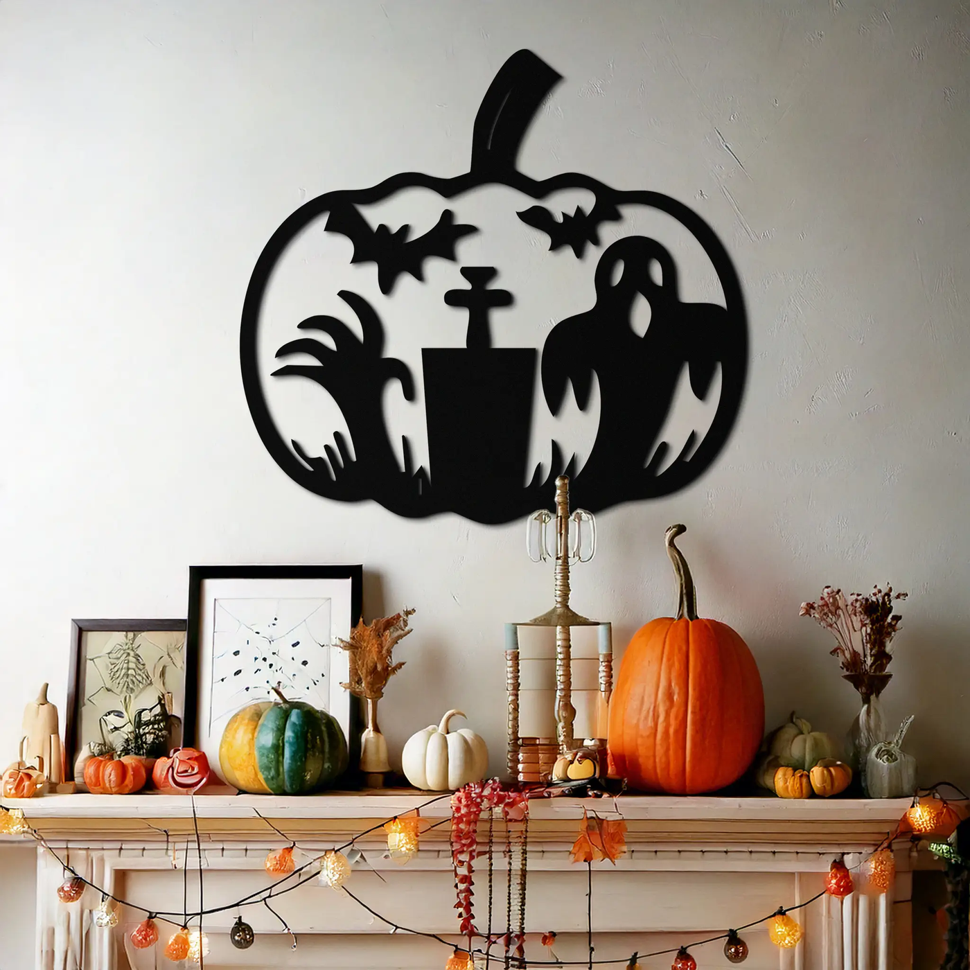 Halloween Ghost Pumpkin Metal Wall Art – Black Steel Spooky Holiday Decoration- KAF503 by Enova Art