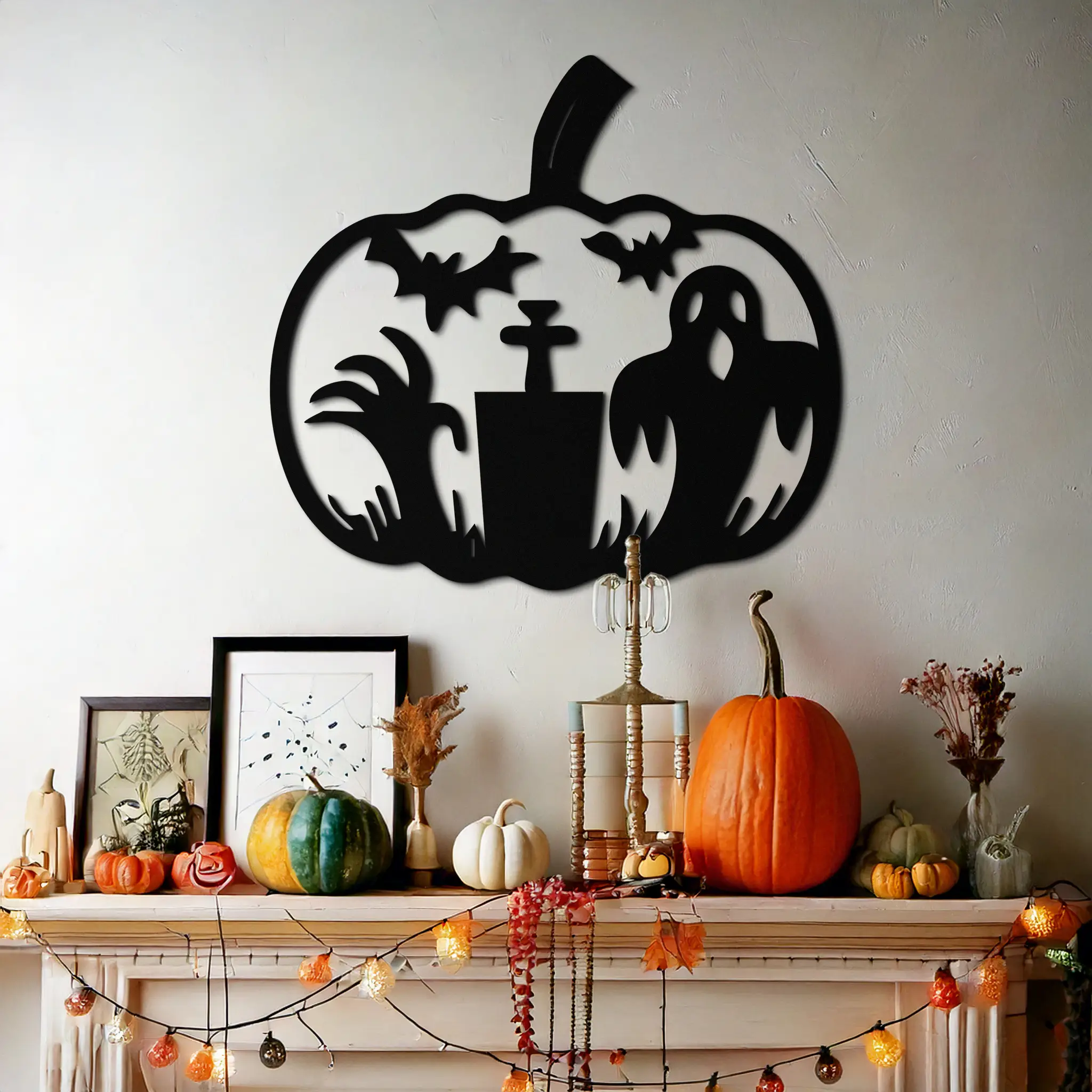 Halloween Ghost Pumpkin Metal Wall Art – Black Steel Spooky Holiday Decoration- KAF503 by Enova Art