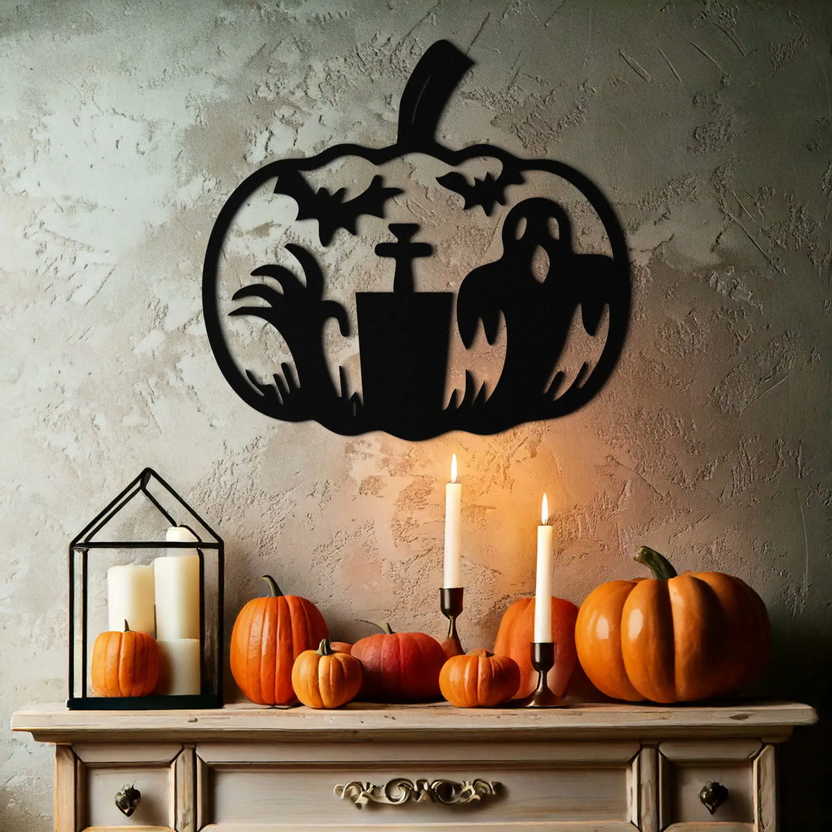Halloween Ghost Pumpkin Metal Wall Art – Black Steel Spooky Holiday Decoration- KAF503 by Enova Art
