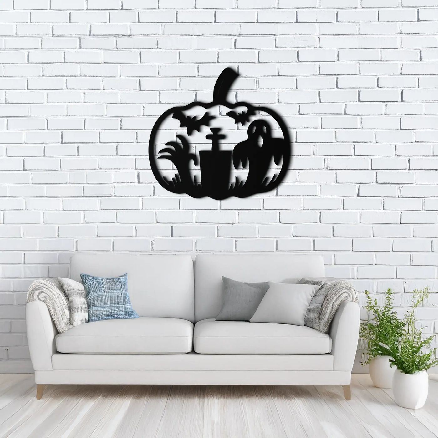 Halloween Ghost Pumpkin Metal Wall Art – Black Steel Spooky Holiday Decoration- KAF503 by Enova Art