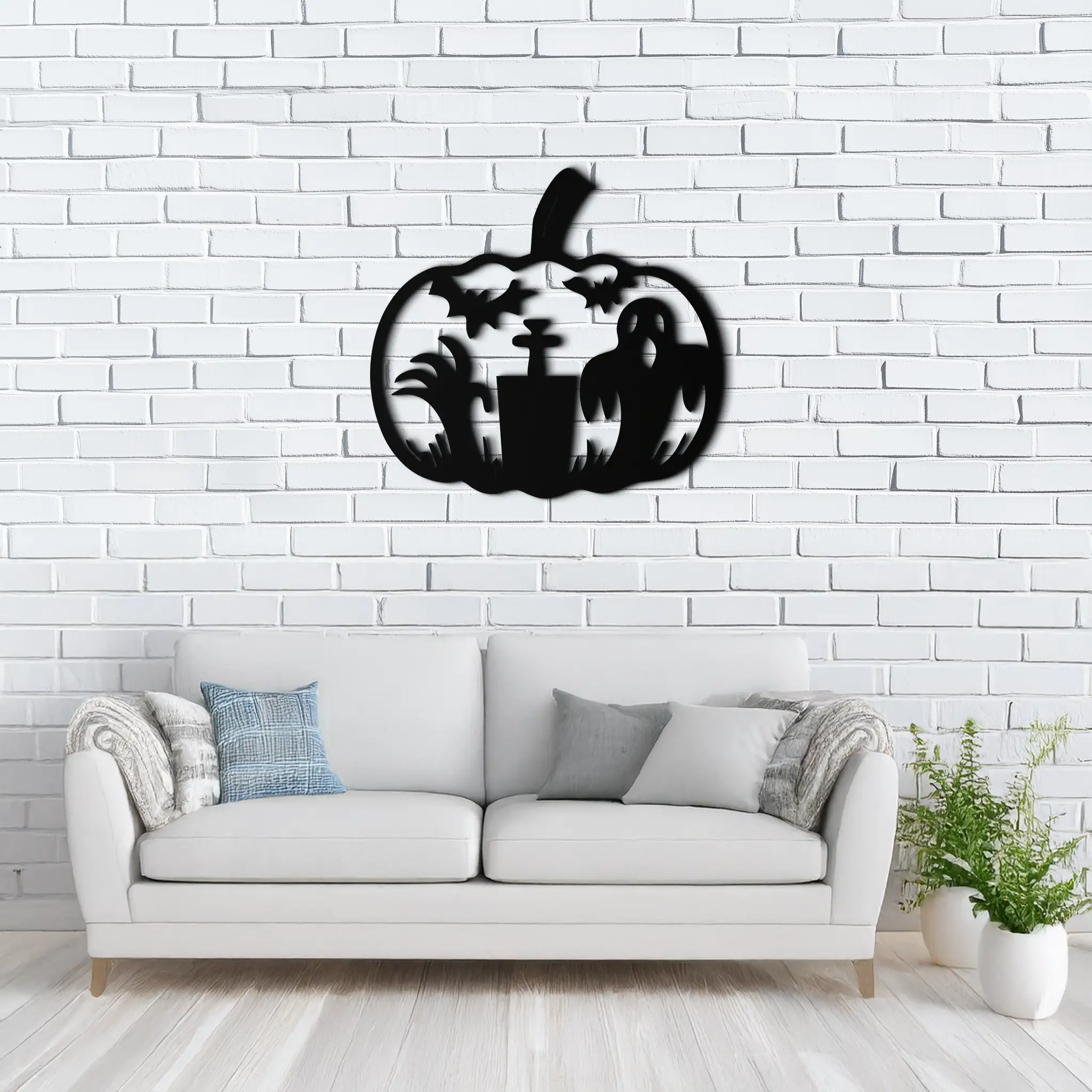 Halloween Ghost Pumpkin Metal Wall Art – Black Steel Spooky Holiday Decoration- KAF503 by Enova Art