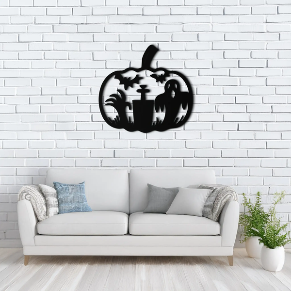 Halloween Ghost Pumpkin Metal Wall Art – Black Steel Spooky Holiday Decoration- KAF503