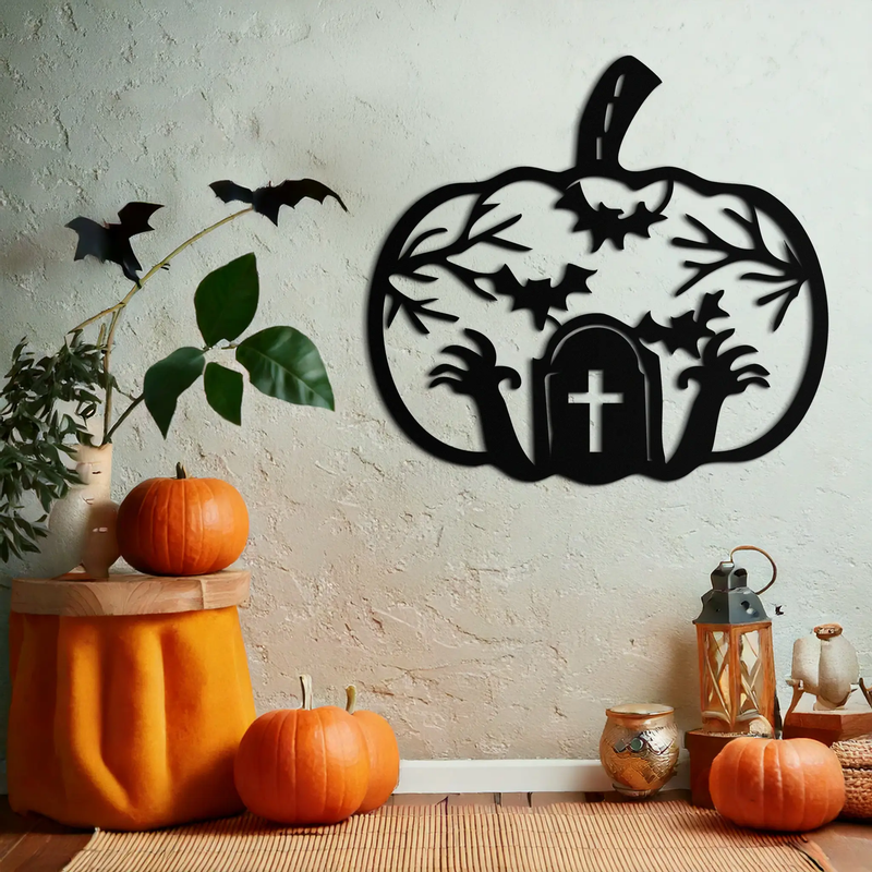 Halloween Cemetery Pumpkin Metal Wall Art – Spooky Black Steel Halloween Decor- KAF504 by Enova Art
