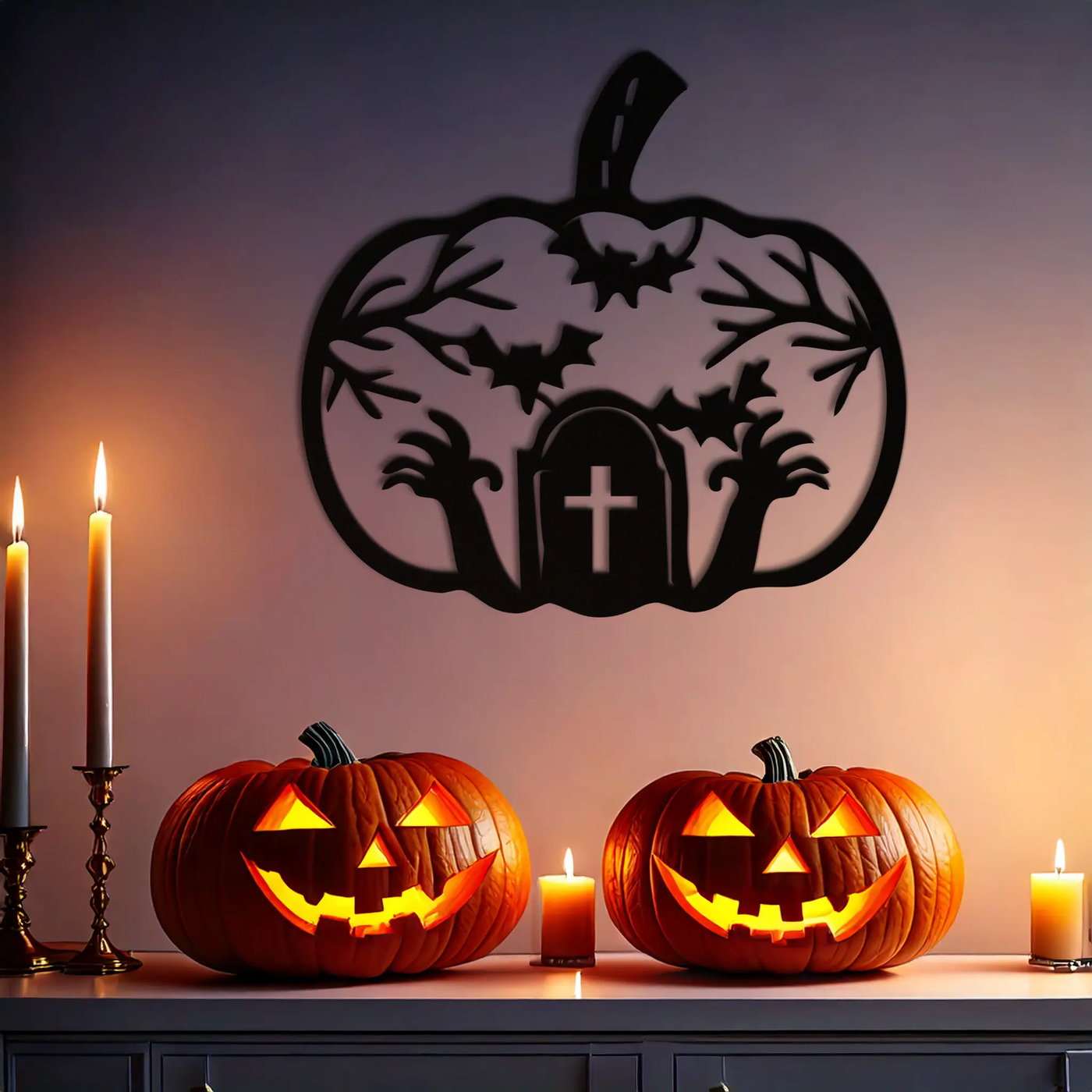 Halloween Cemetery Pumpkin Metal Wall Art – Spooky Black Steel Halloween Decor- KAF504 by Enova Art
