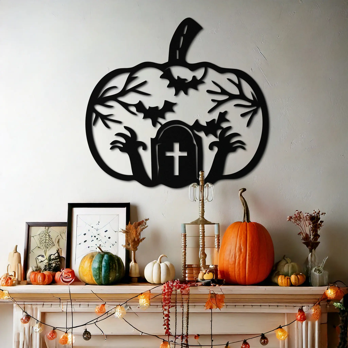 Halloween Cemetery Pumpkin Metal Wall Art – Spooky Black Steel Halloween Decor- KAF504 by Enova Art