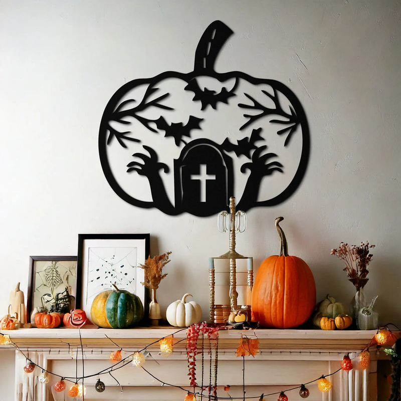 Halloween Cemetery Pumpkin Metal Wall Art – Spooky Black Steel Halloween Decor- KAF504 by Enova Art