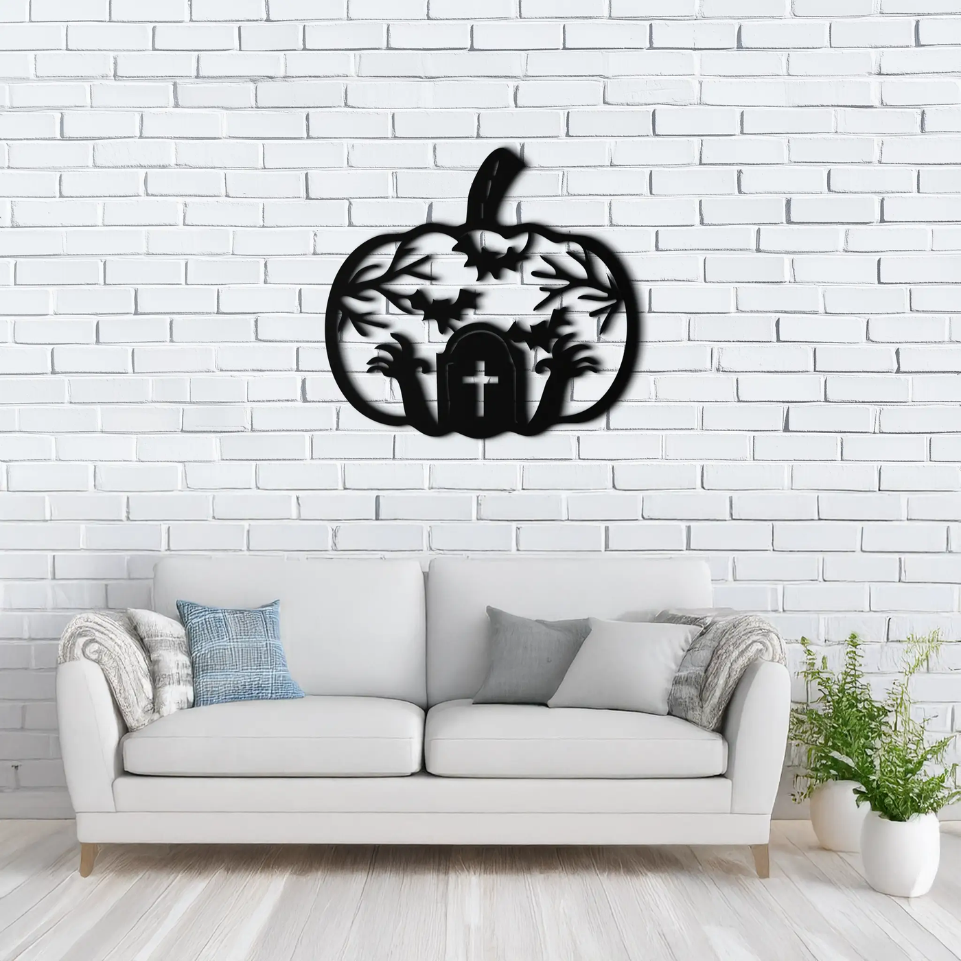 Halloween Cemetery Pumpkin Metal Wall Art – Spooky Black Steel Halloween Decor- KAF504 by Enova Art