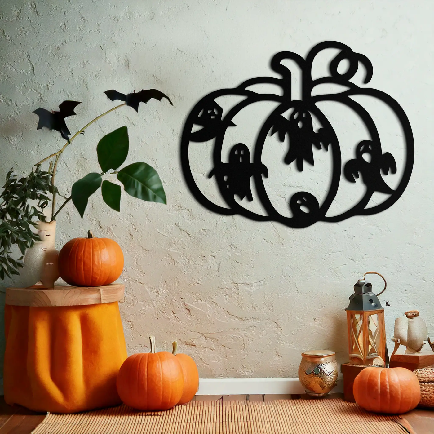 Halloween Pumpkin and Ghosts Metal Wall Art – Spooky Black Steel Decoration- KAF505 by Enova Art