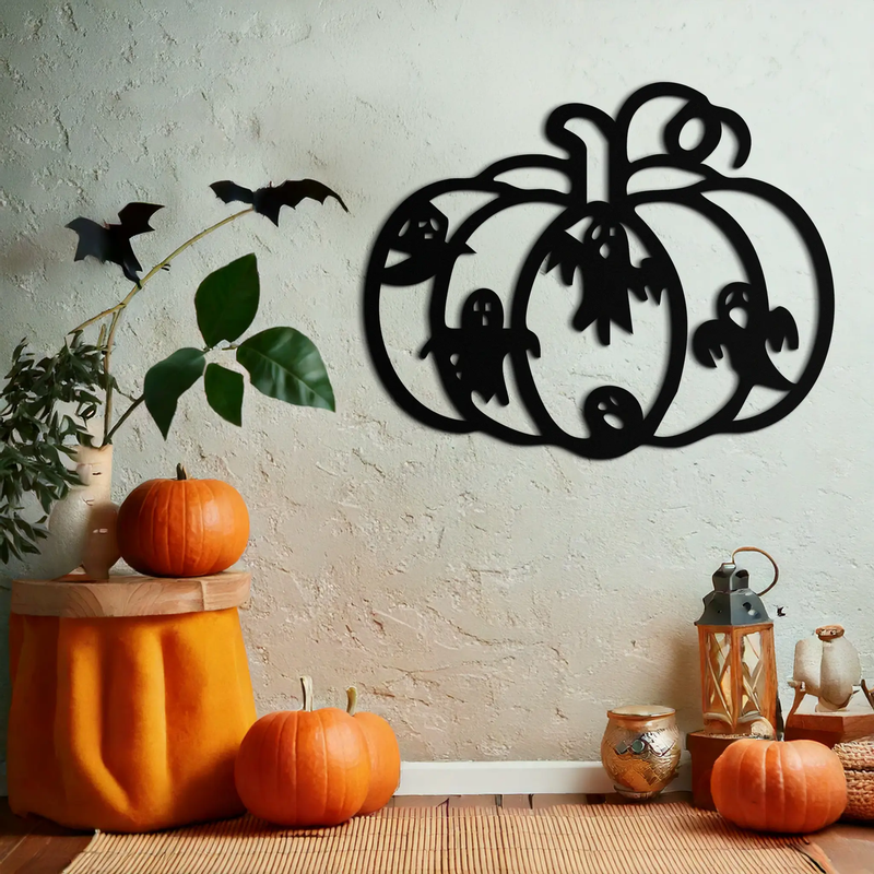 Halloween Pumpkin and Ghosts Metal Wall Art – Spooky Black Steel Decoration- KAF505 by Enova Art