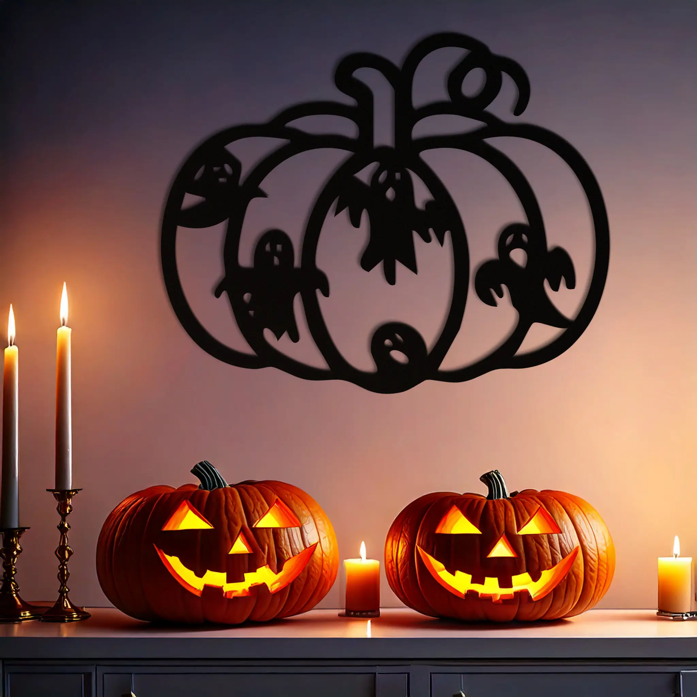 Halloween Pumpkin and Ghosts Metal Wall Art – Spooky Black Steel Decoration- KAF505 by Enova Art
