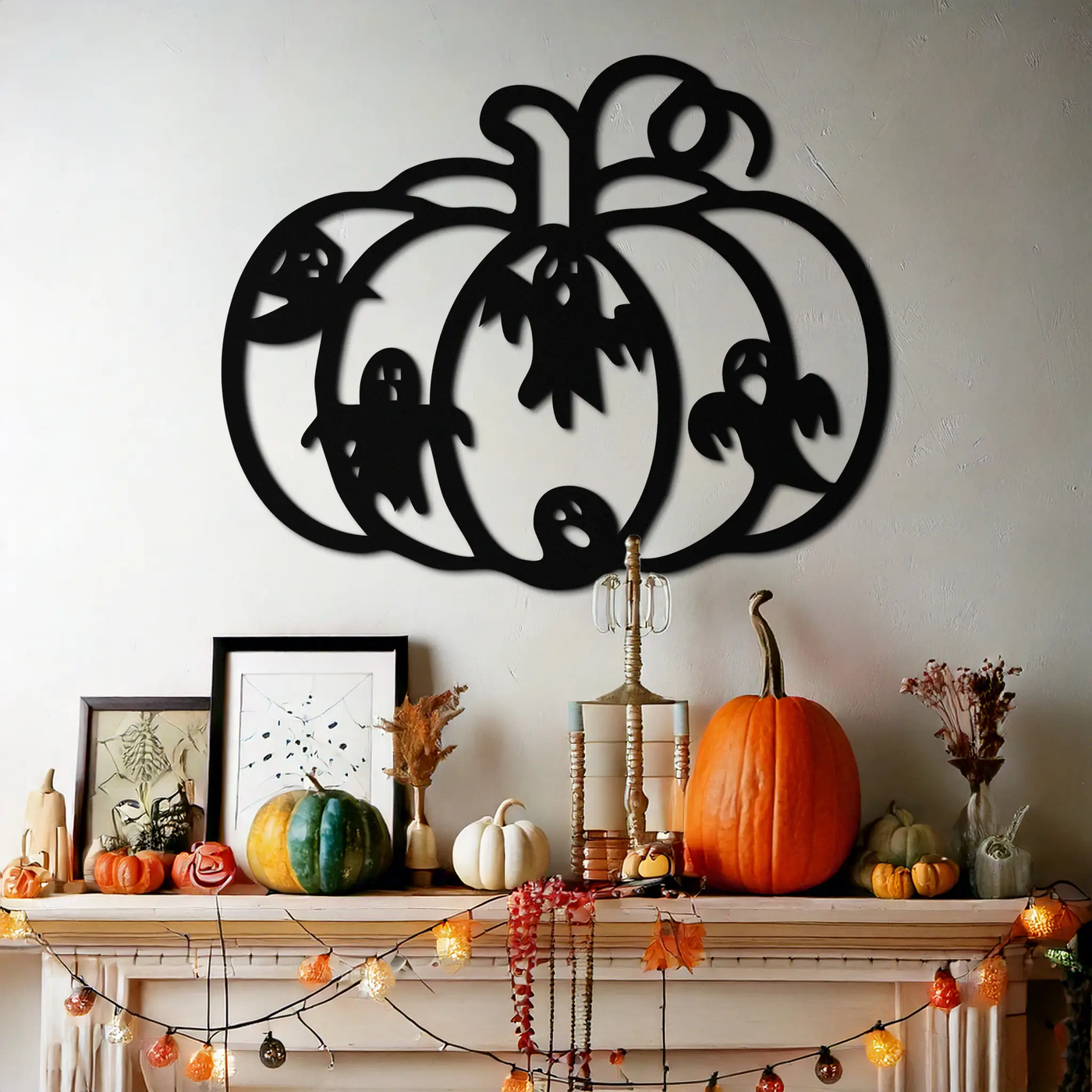 Halloween Pumpkin and Ghosts Metal Wall Art – Spooky Black Steel Decoration- KAF505 by Enova Art