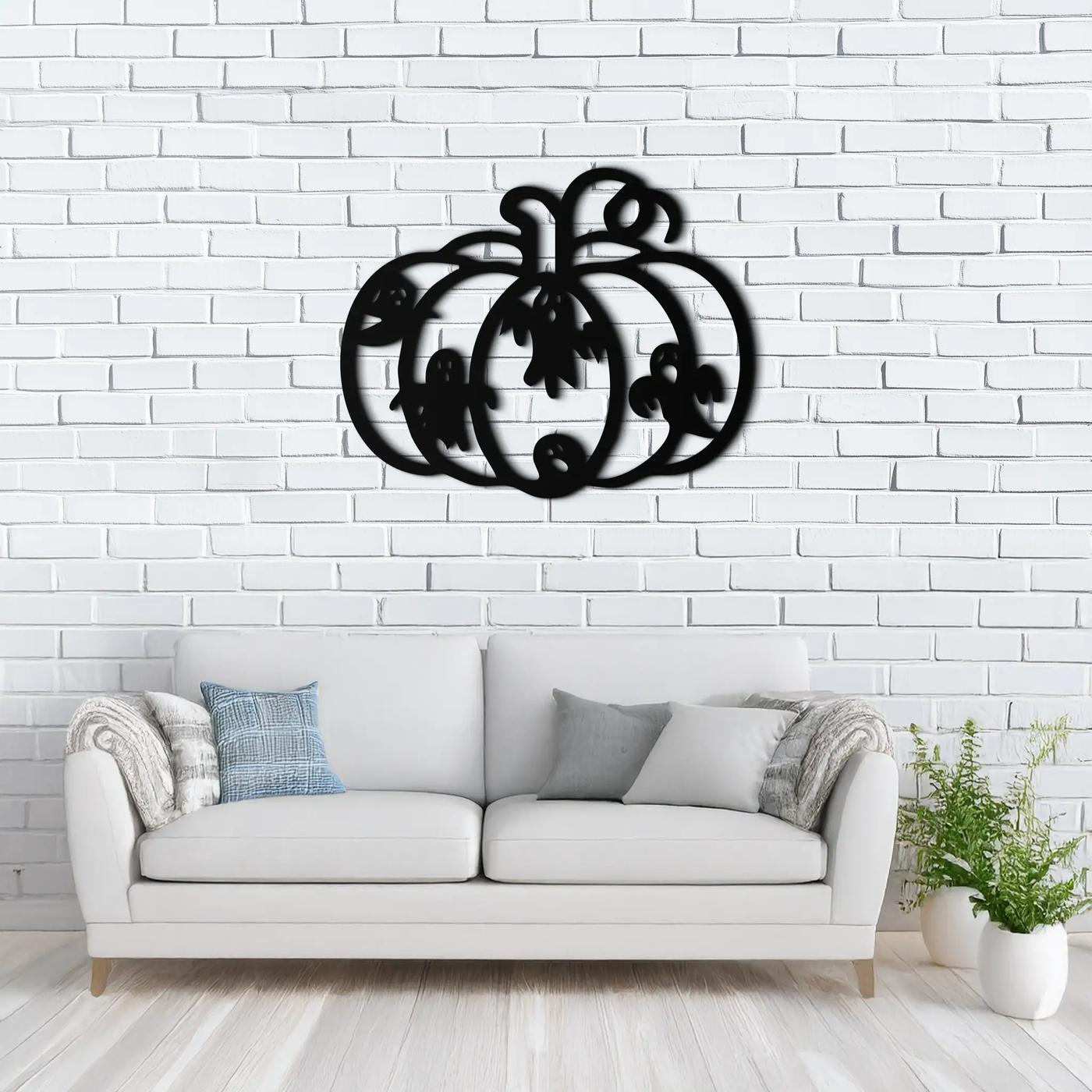 Halloween Pumpkin and Ghosts Metal Wall Art – Spooky Black Steel Decoration- KAF505 by Enova Art