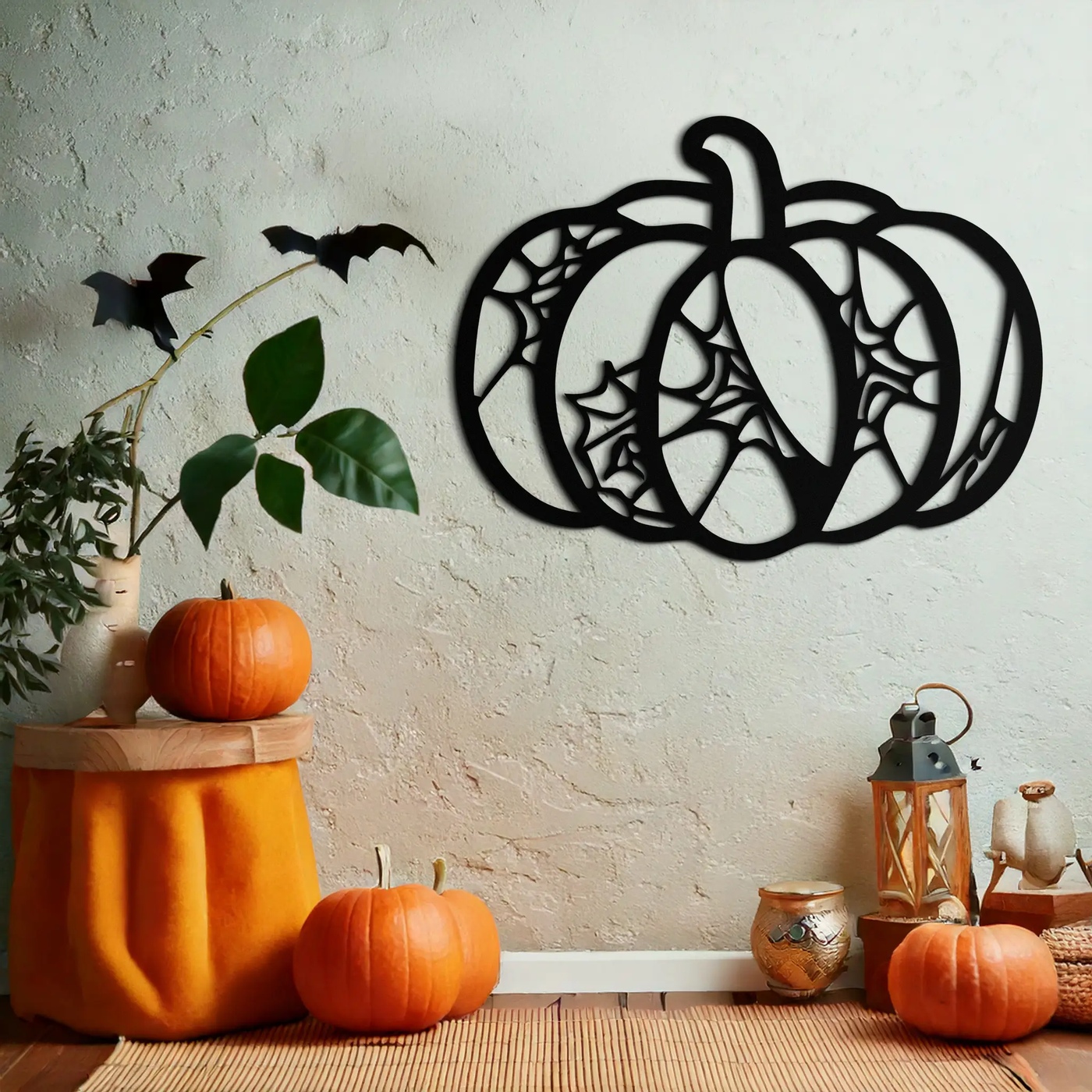 Halloween Pumpkin Metal Wall Art – Black Steel Haunted Fall Decor- KAF506 by Enova Art