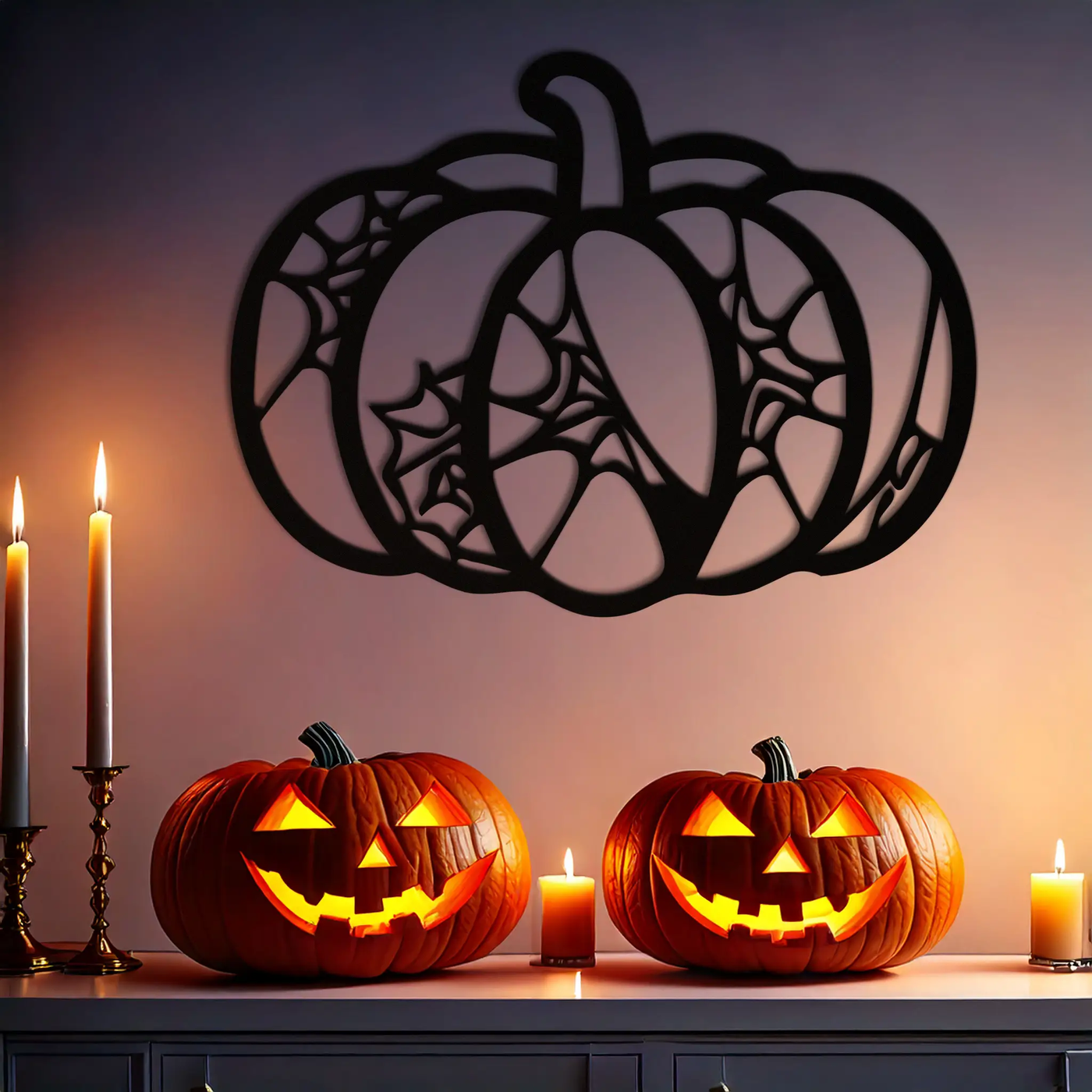 Halloween Pumpkin Metal Wall Art – Black Steel Haunted Fall Decor- KAF506 by Enova Art