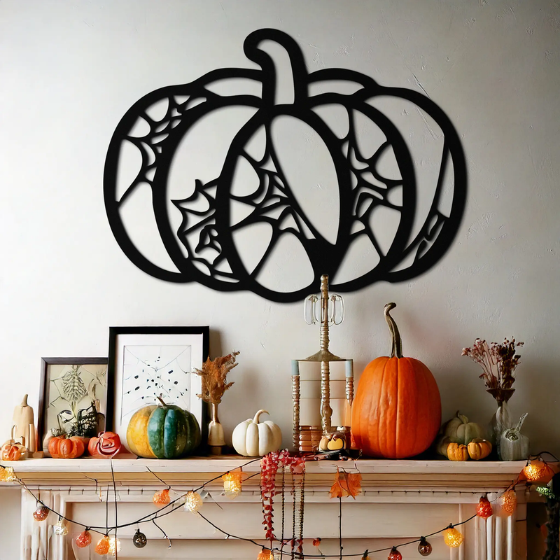 Halloween Pumpkin Metal Wall Art – Black Steel Haunted Fall Decor- KAF506 by Enova Art