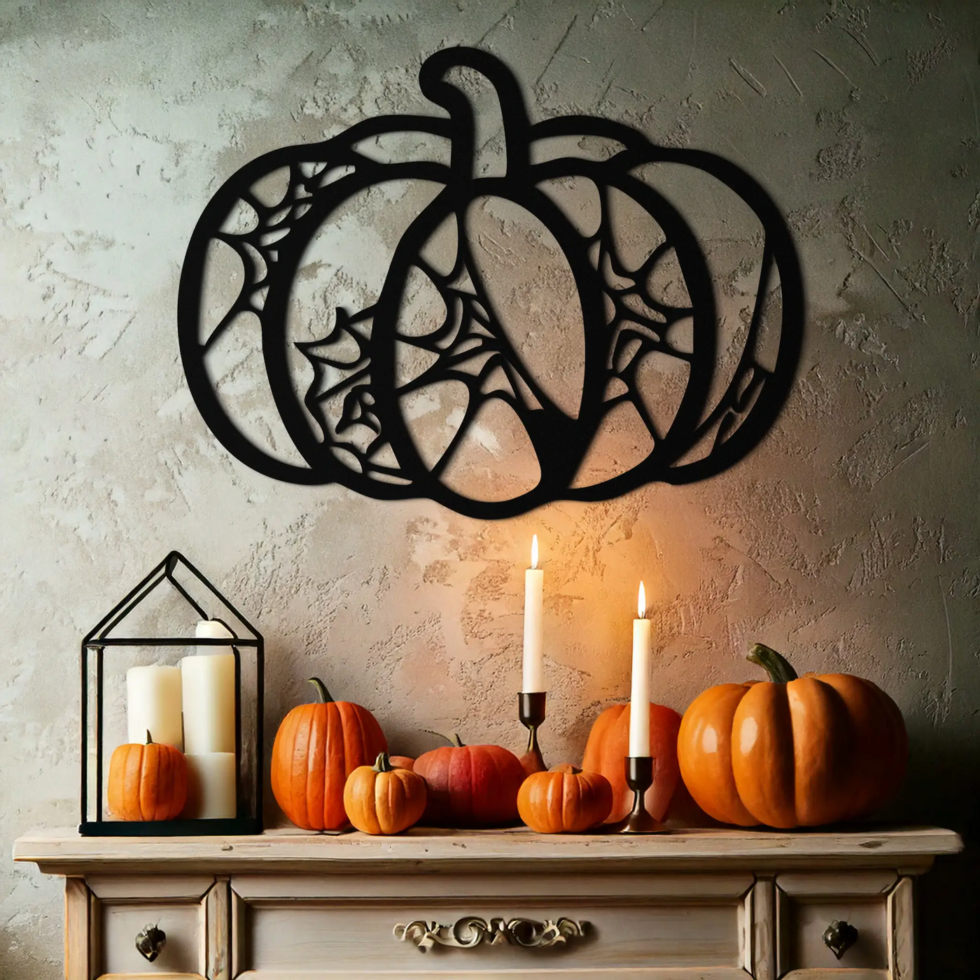Halloween Pumpkin Metal Wall Art – Black Steel Haunted Fall Decor- KAF506 by Enova Art