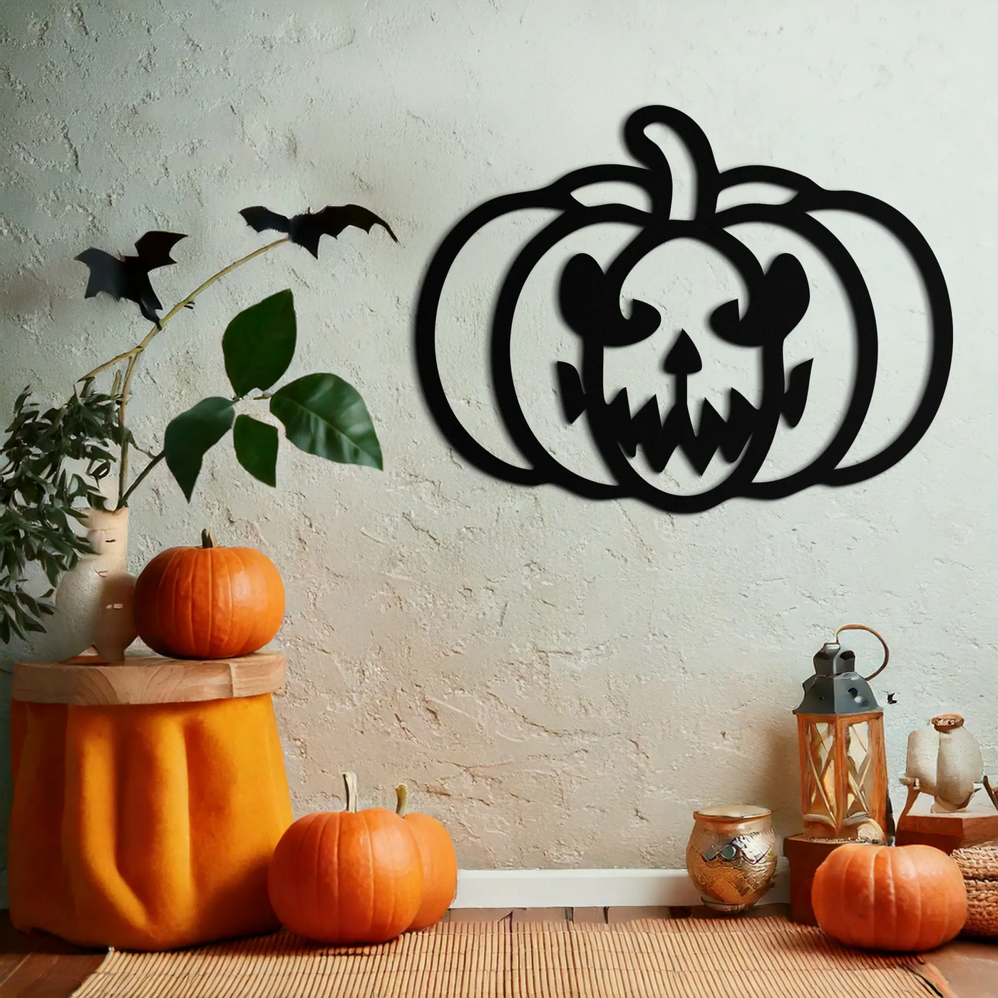 Scary Pumpkin Face Metal Wall Art – Black Steel Halloween Decor- KAF507 by Enova Art
