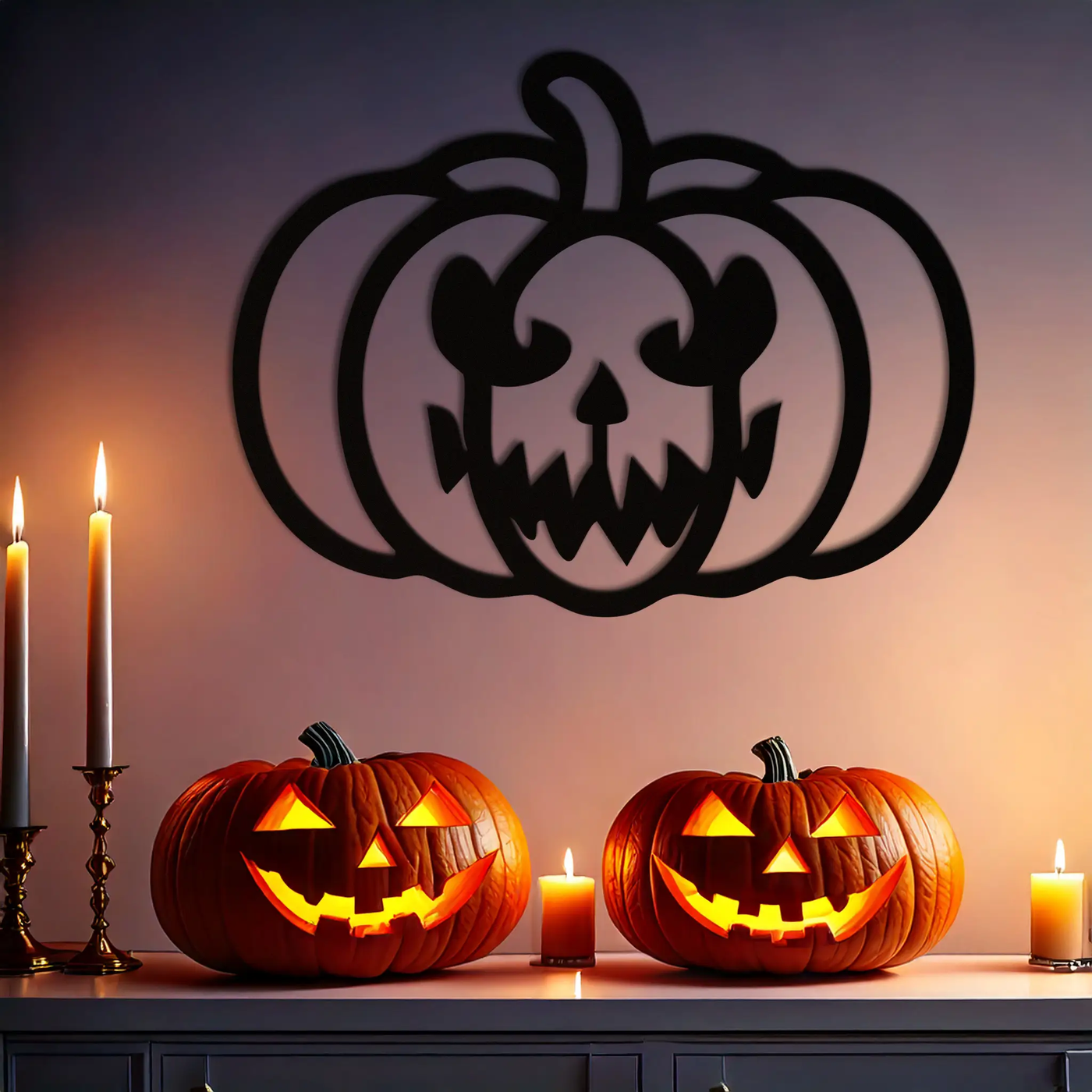 Scary Pumpkin Face Metal Wall Art – Black Steel Halloween Decor- KAF507 by Enova Art