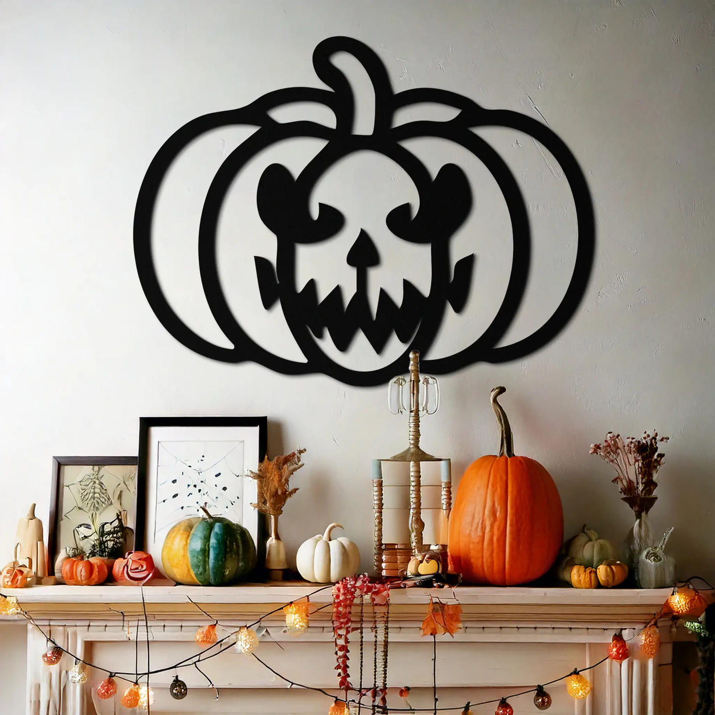 Scary Pumpkin Face Metal Wall Art – Black Steel Halloween Decor- KAF507 by Enova Art