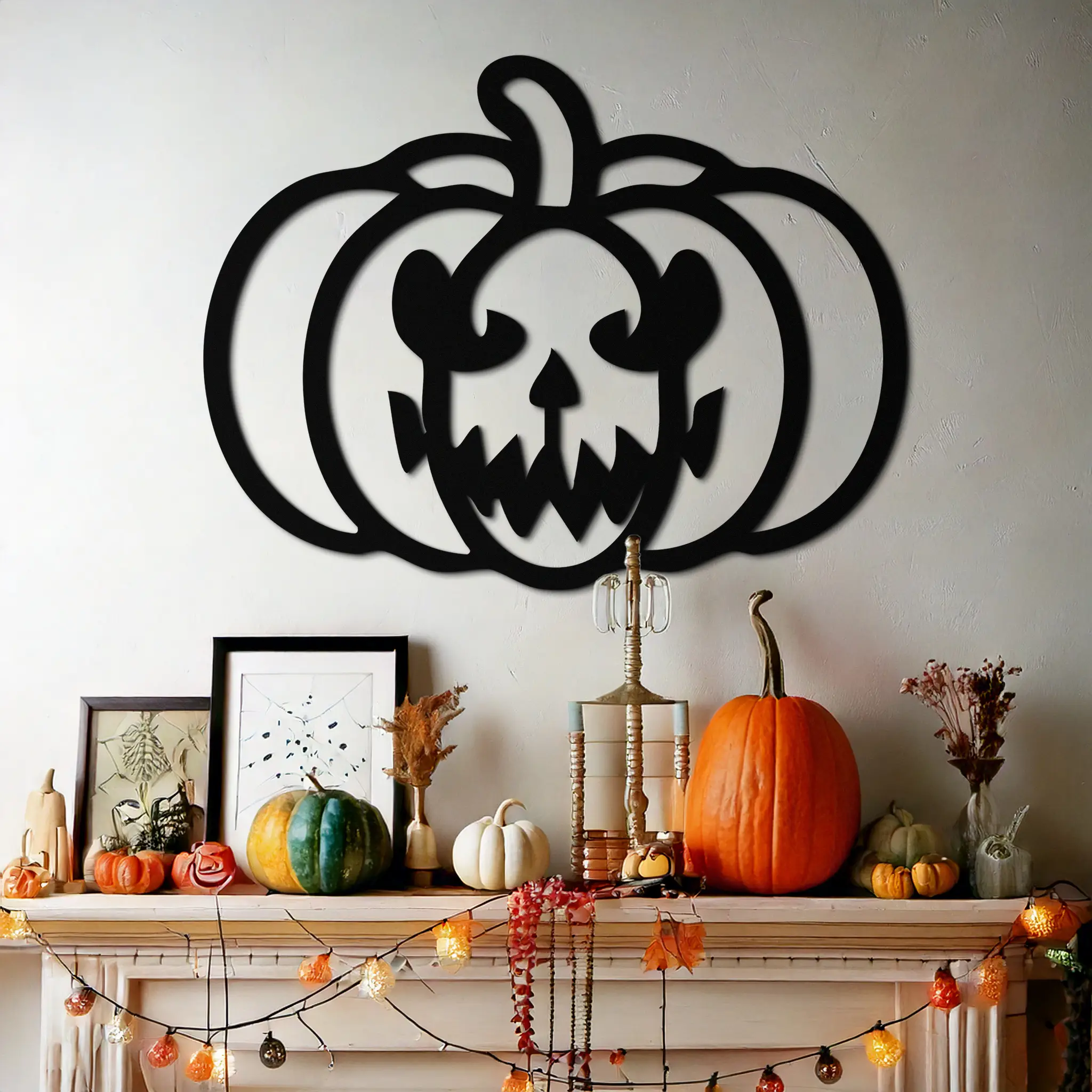 Scary Pumpkin Face Metal Wall Art – Black Steel Halloween Decor- KAF507 by Enova Art