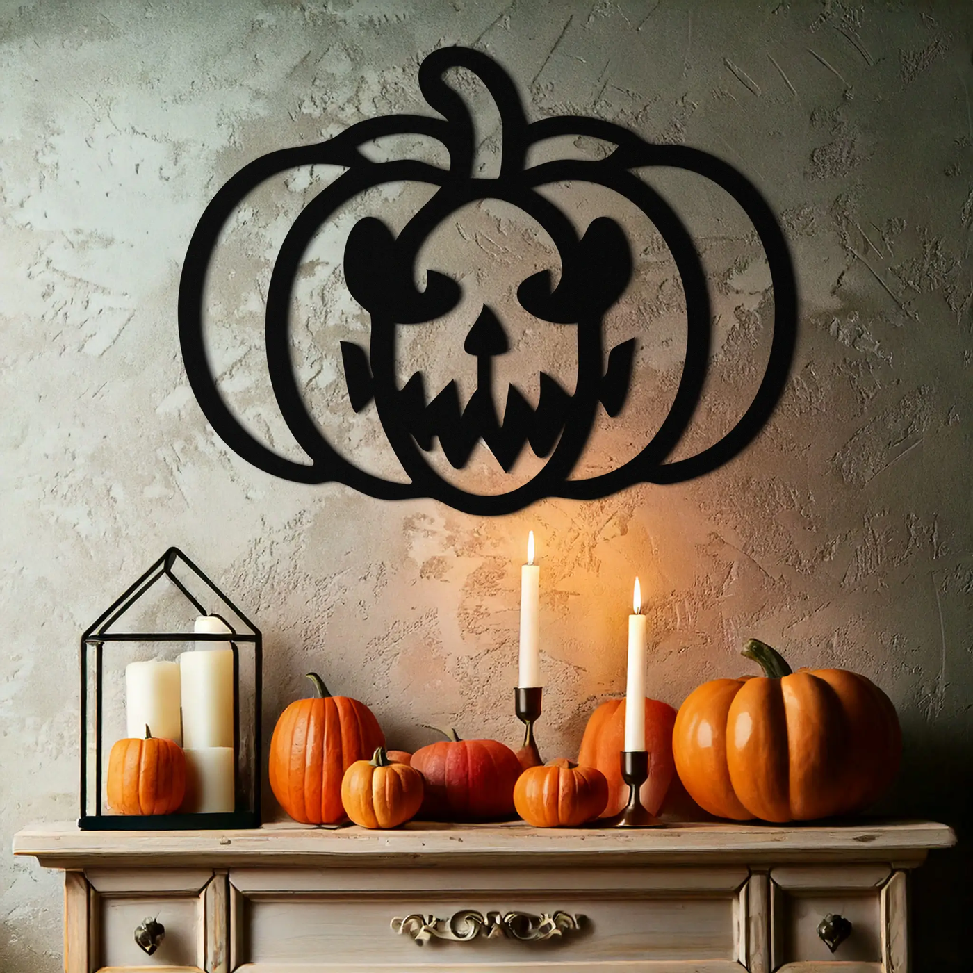 Scary Pumpkin Face Metal Wall Art – Black Steel Halloween Decor- KAF507 by Enova Art