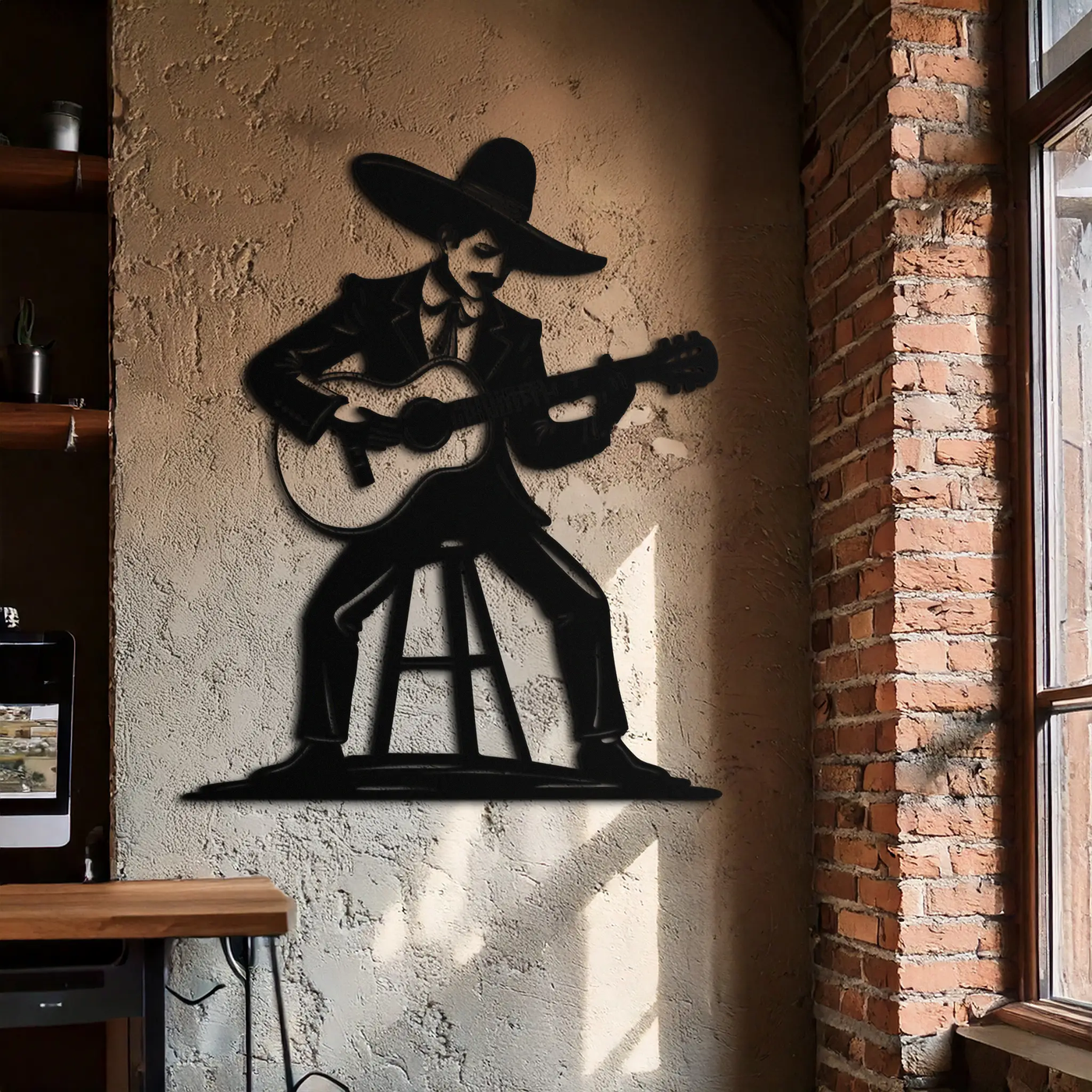 Mexican Musician Metal Wall Art – Black Steel Guitarist Day of the Dead Decor- KAF510 by Enova Art