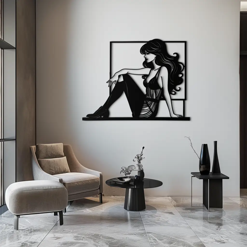 Elegant Woman Silhouette Metal Wall Art – Modern Black Feminine Home Decor- KAF511 by Enova Art