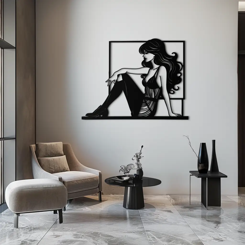 Elegant Woman Silhouette Metal Wall Art – Modern Black Feminine Home Decor- KAF511 by Enova Art