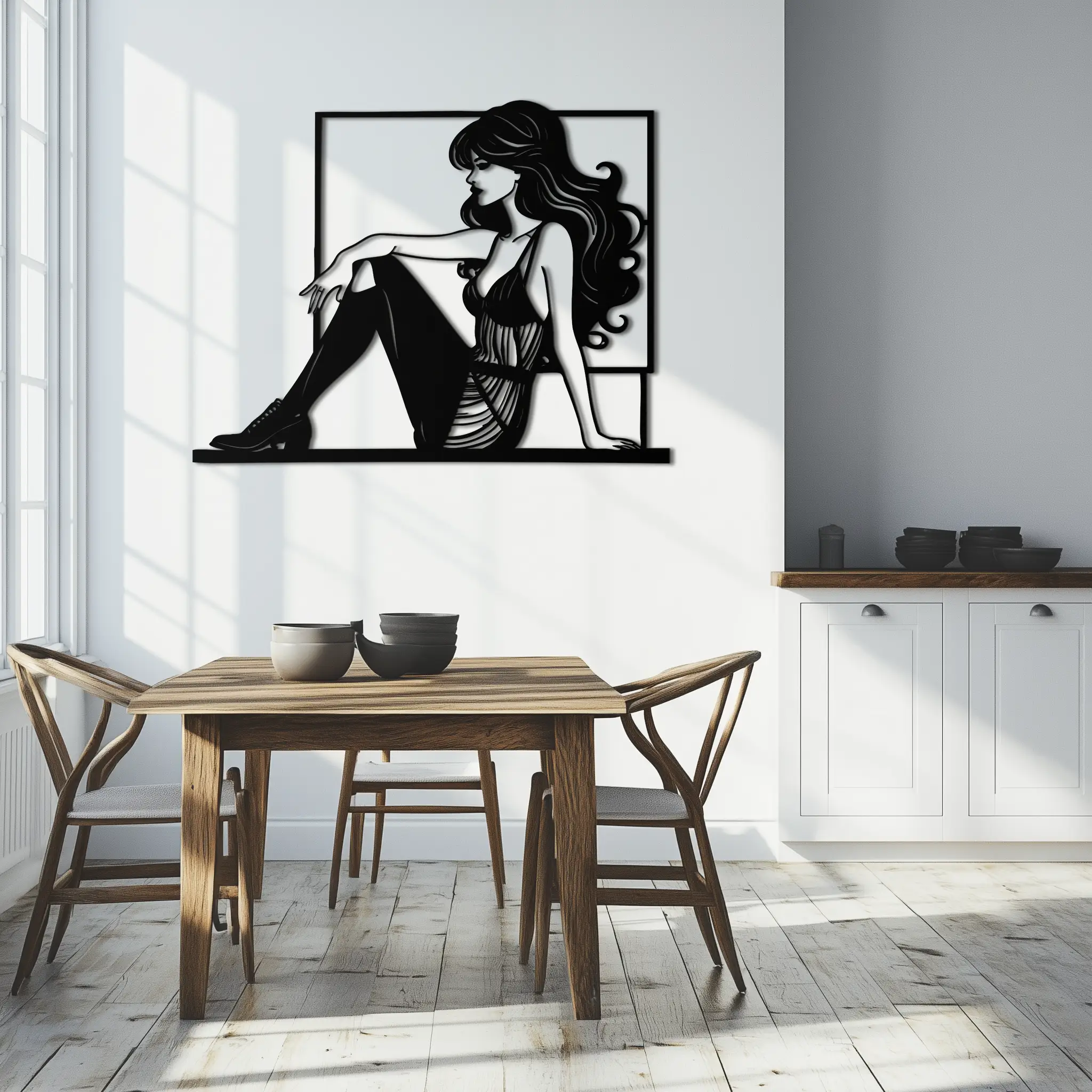 Elegant Woman Silhouette Metal Wall Art – Modern Black Feminine Home Decor- KAF511 by Enova Art