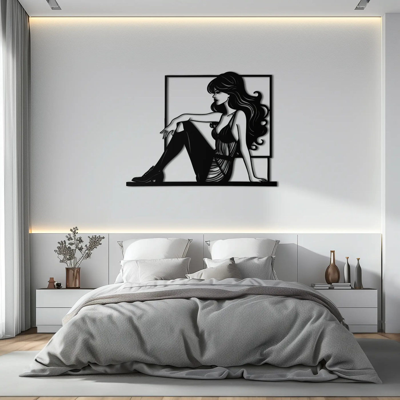 Elegant Woman Silhouette Metal Wall Art – Modern Black Feminine Home Decor- KAF511 by Enova Art
