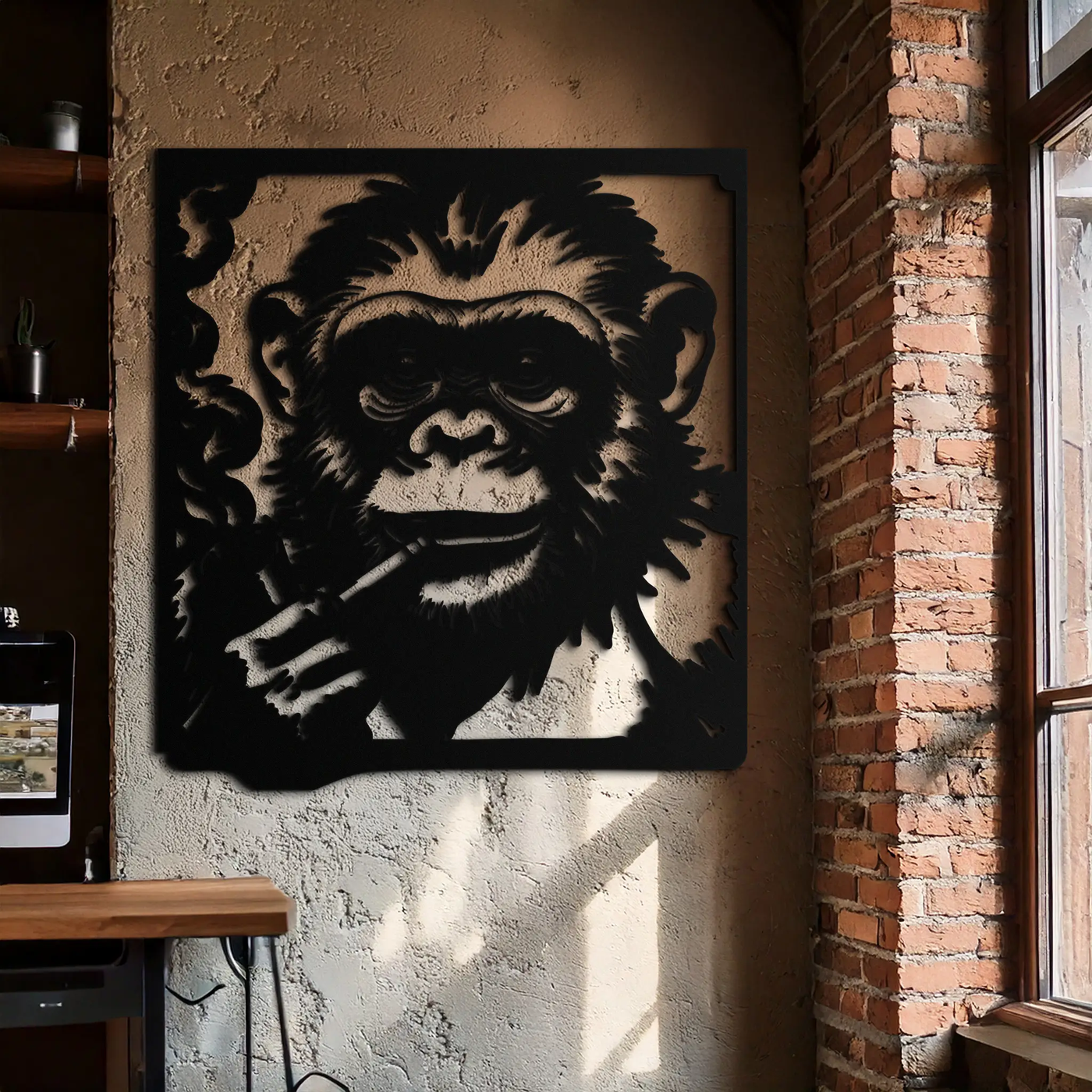 Smoking Chimpanzee Metal Wall Art – Cool Monkey Black Metal Wall Decor for Home- KAF513 by Enova Art