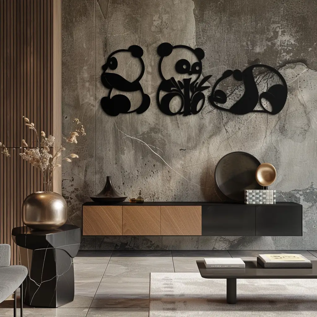 Cute Panda Trio Metal Wall Art – Black Steel Playful Animal Nursery Decor- KAF515 by Enova Art
