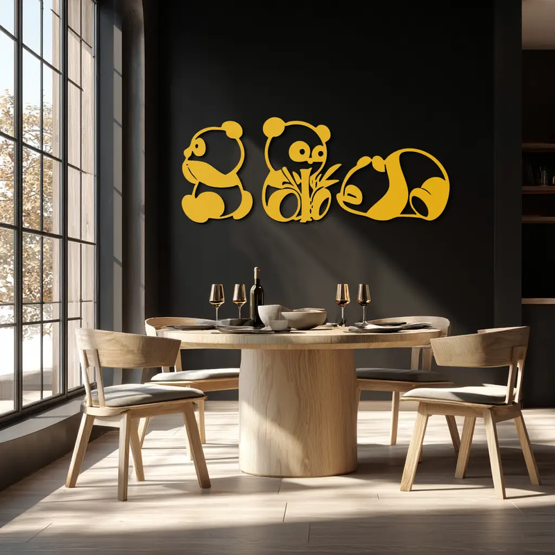 Cute Panda Trio Metal Wall Art – Black Steel Playful Animal Nursery Decor- KAF515 by Enova Art
