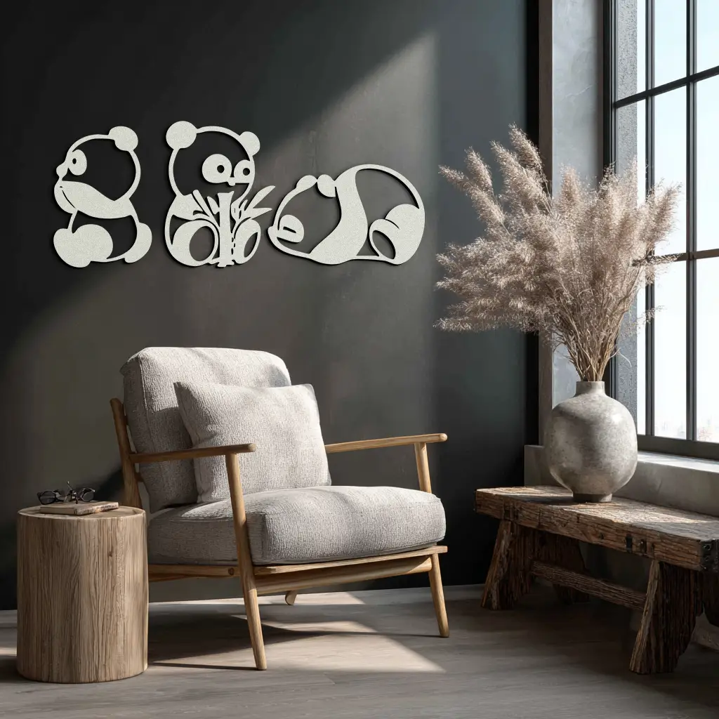 Cute Panda Trio Metal Wall Art – Black Steel Playful Animal Nursery Decor- KAF515 by Enova Art